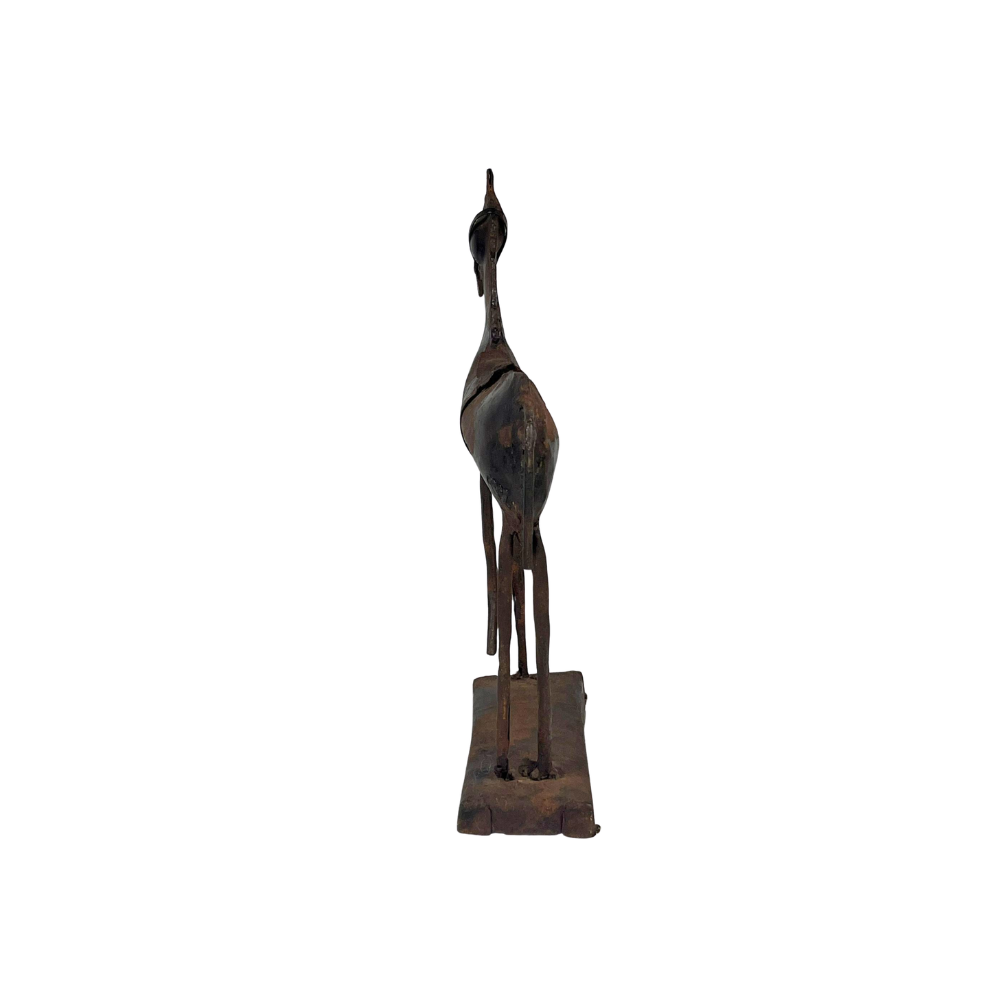 Back view of a rustic metal horse sculpture on a white background