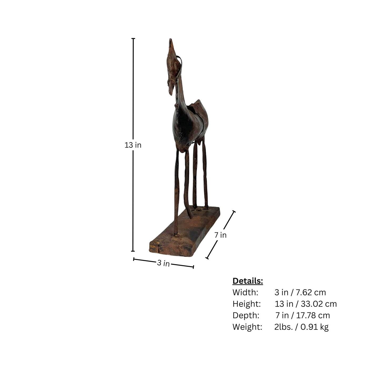 Page of measurements of a rustic metal horse sculpture on a white background