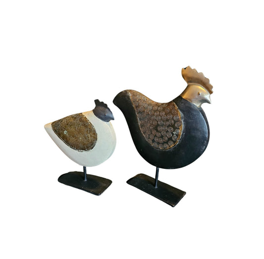 Elevate your collection of country-inspired decor with this set of (2) Vintage Large Wood &amp; Metal Chicken / Rooster. These rustic pieces add charm and sophistication to any style, from urban to farmhouse. Each one is priced at $25.00, making them a steal for collectors.