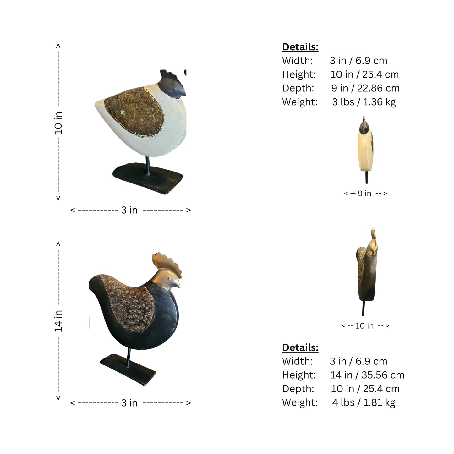 Elevate your collection of country-inspired decor with this set of (2) Vintage Large Wood &amp; Metal Chicken / Rooster. These rustic pieces add charm and sophistication to any style, from urban to farmhouse. Each one is priced at $25.00, making them a steal for collectors.  