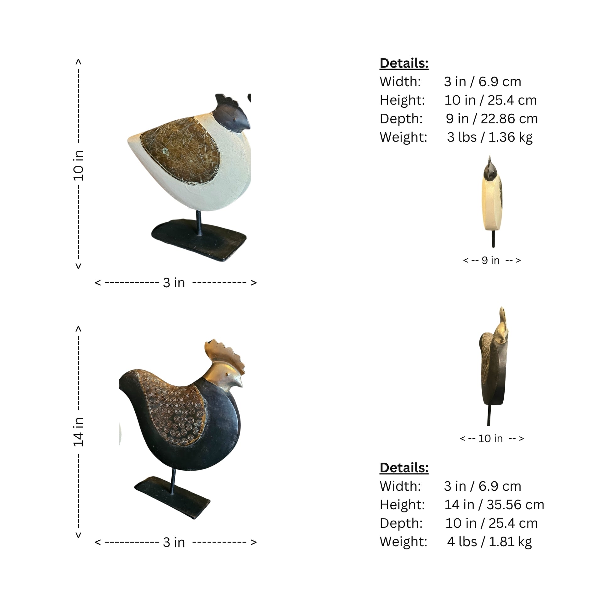 Elevate your collection of country-inspired decor with this set of (2) Vintage Large Wood &amp; Metal Chicken / Rooster. These rustic pieces add charm and sophistication to any style, from urban to farmhouse. Each one is priced at $25.00, making them a steal for collectors.  