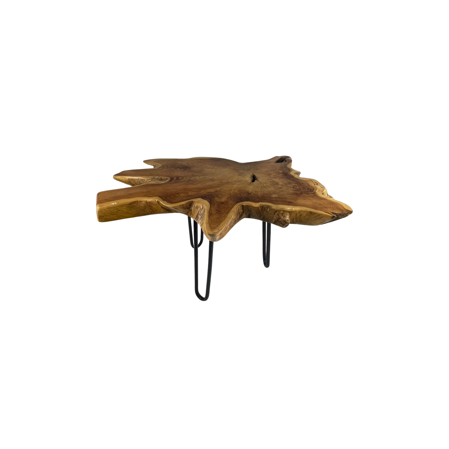 Teak tree trunk table on a white background