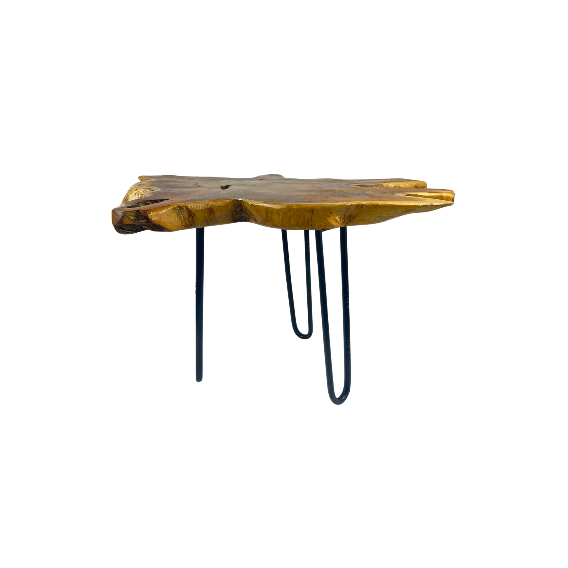 Side view of a teak tree trunk table on a white background