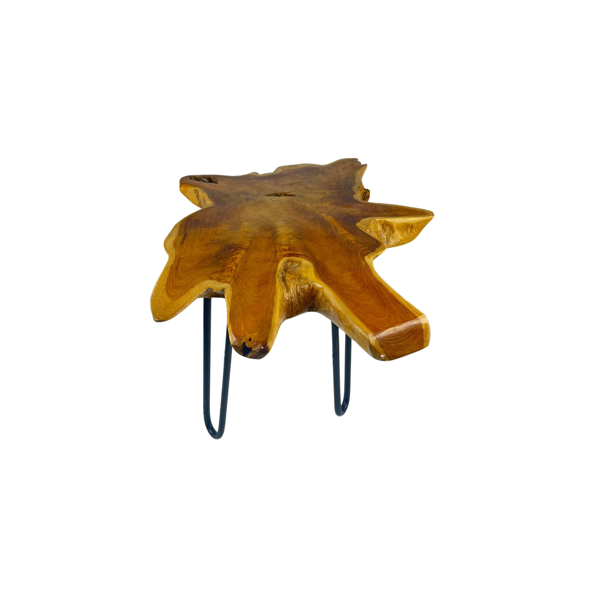 Back view of a teak tree trunk table on a white background