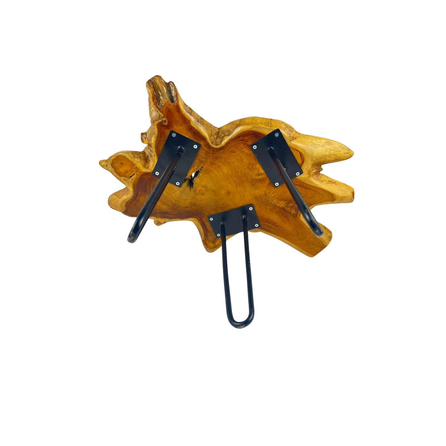 Bottom view of a teak tree trunk table on a white background