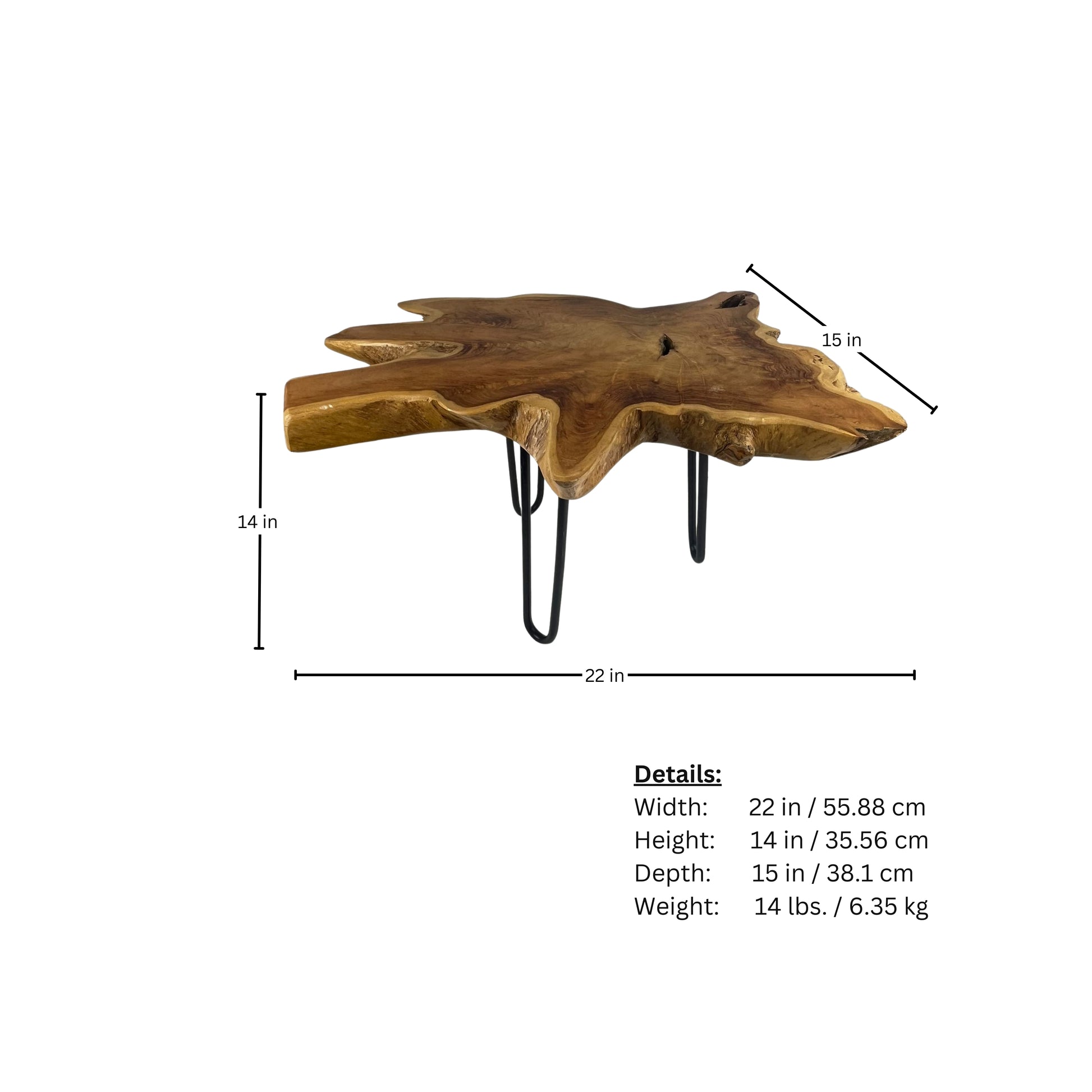 Measurement page of a teak tree trunk table on a white background