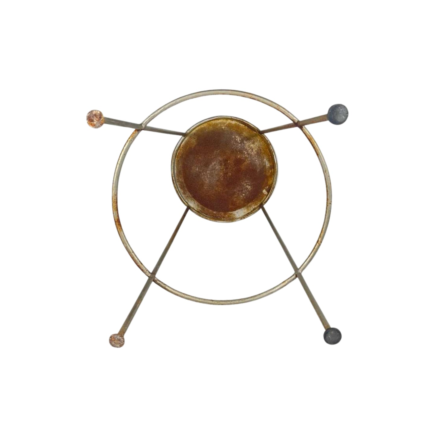 Bottom view of a metal stool with a round top on a white background
