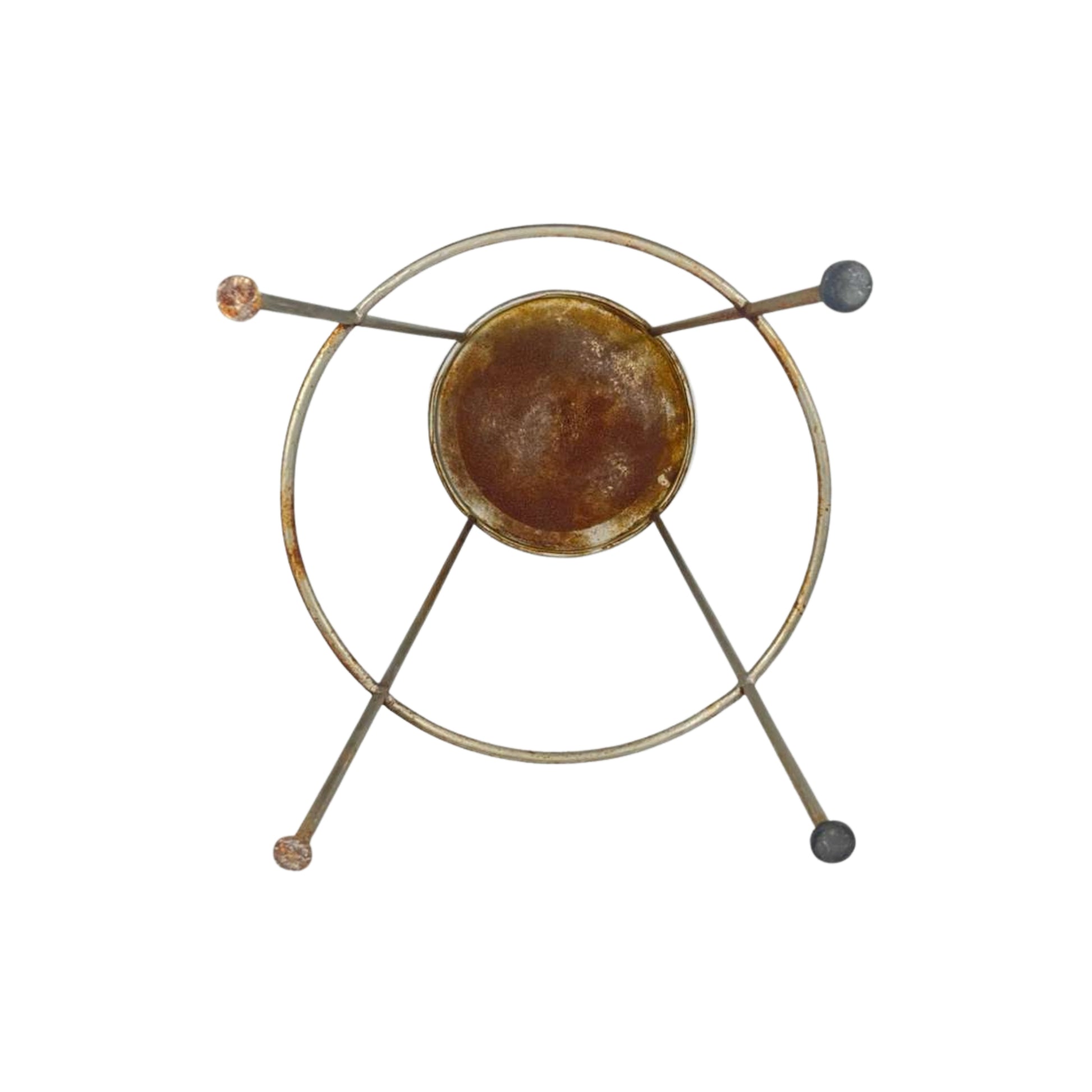 Bottom view of a metal stool with a round top on a white background