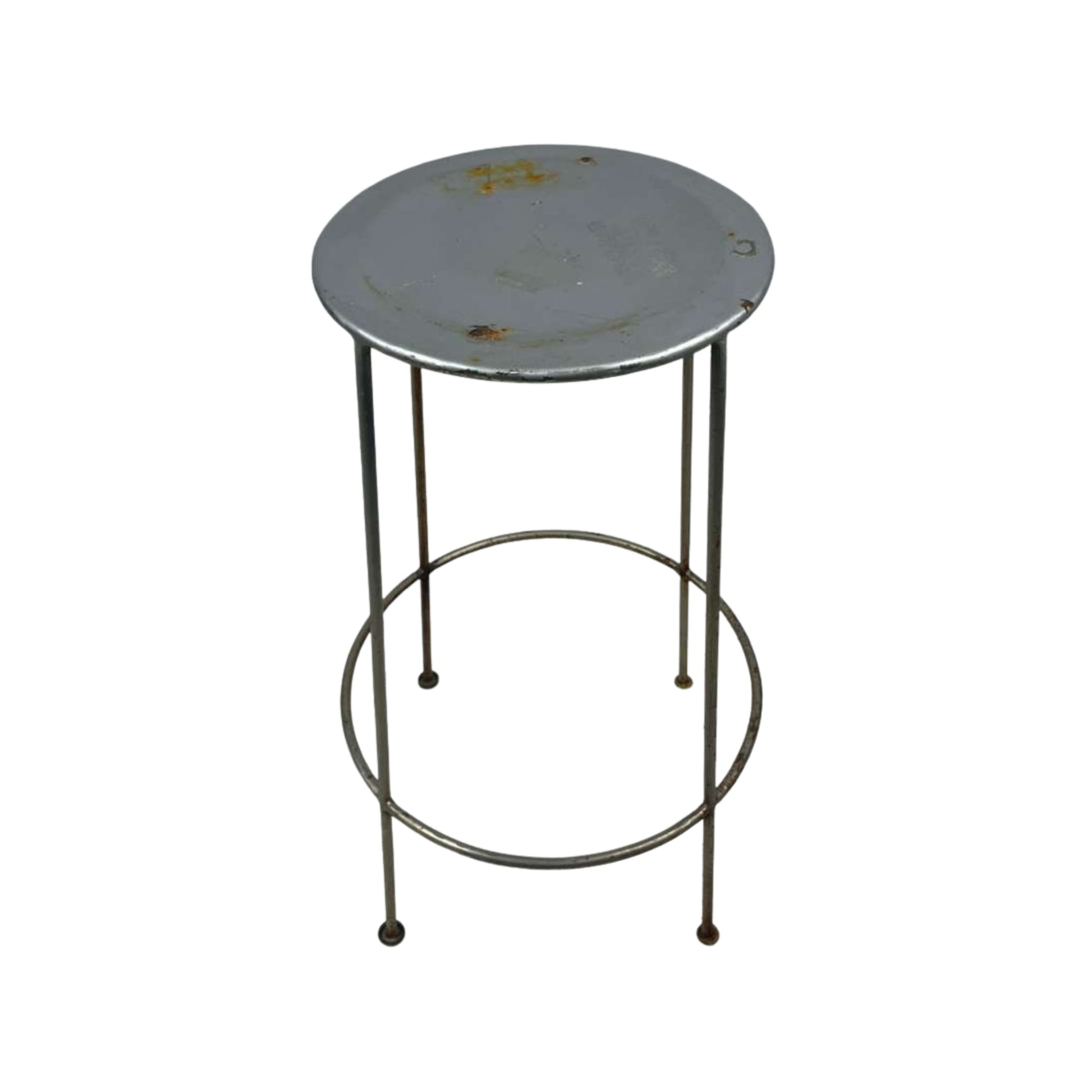 Front view of a metal stool with a round top on a white background