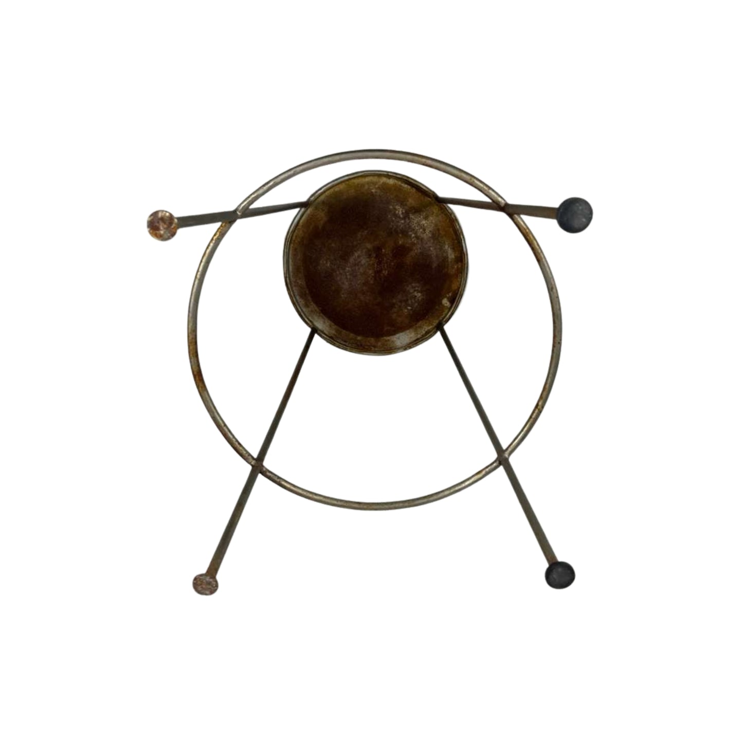 Bottom view of a metal stool with a round top on a white background