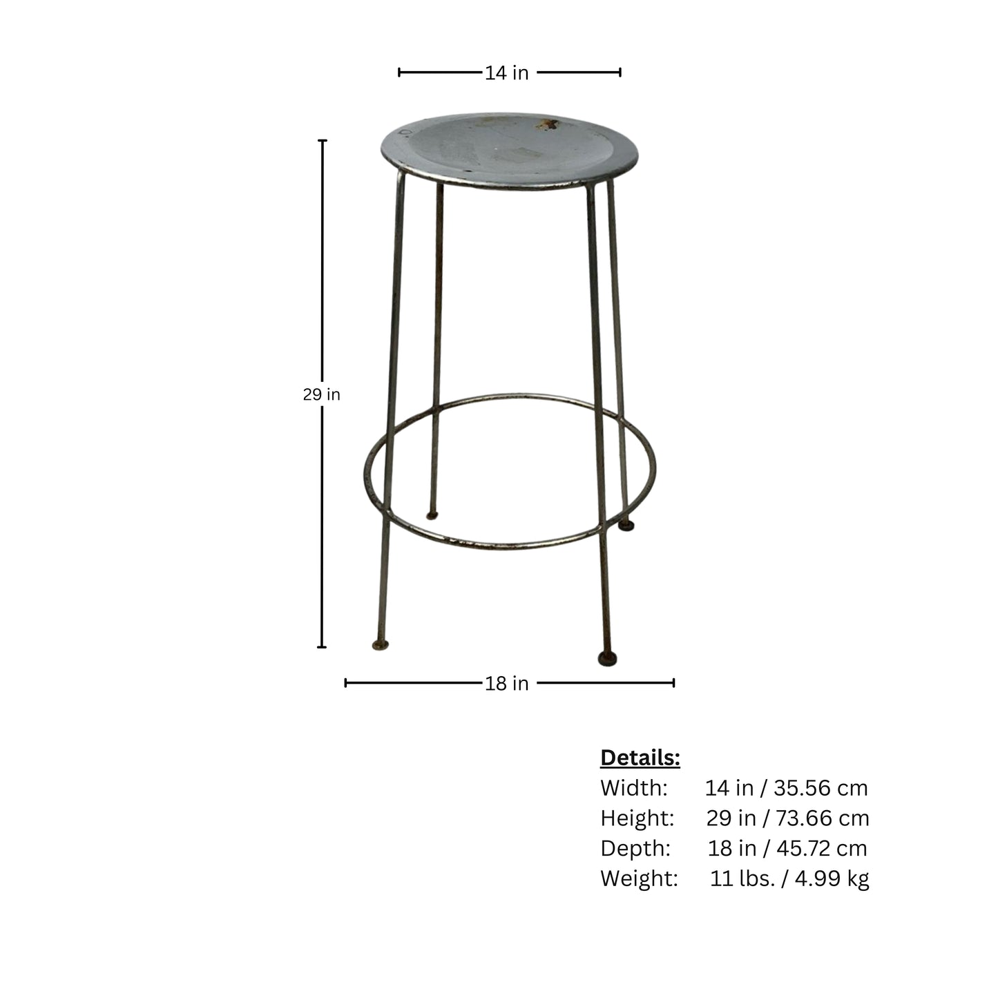 Metal stool with dimensions and weight details on a white background