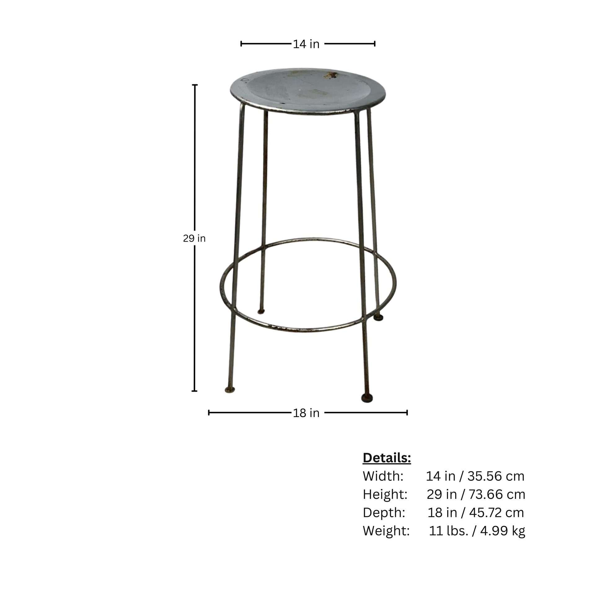 Metal stool with dimensions and weight details on a white background