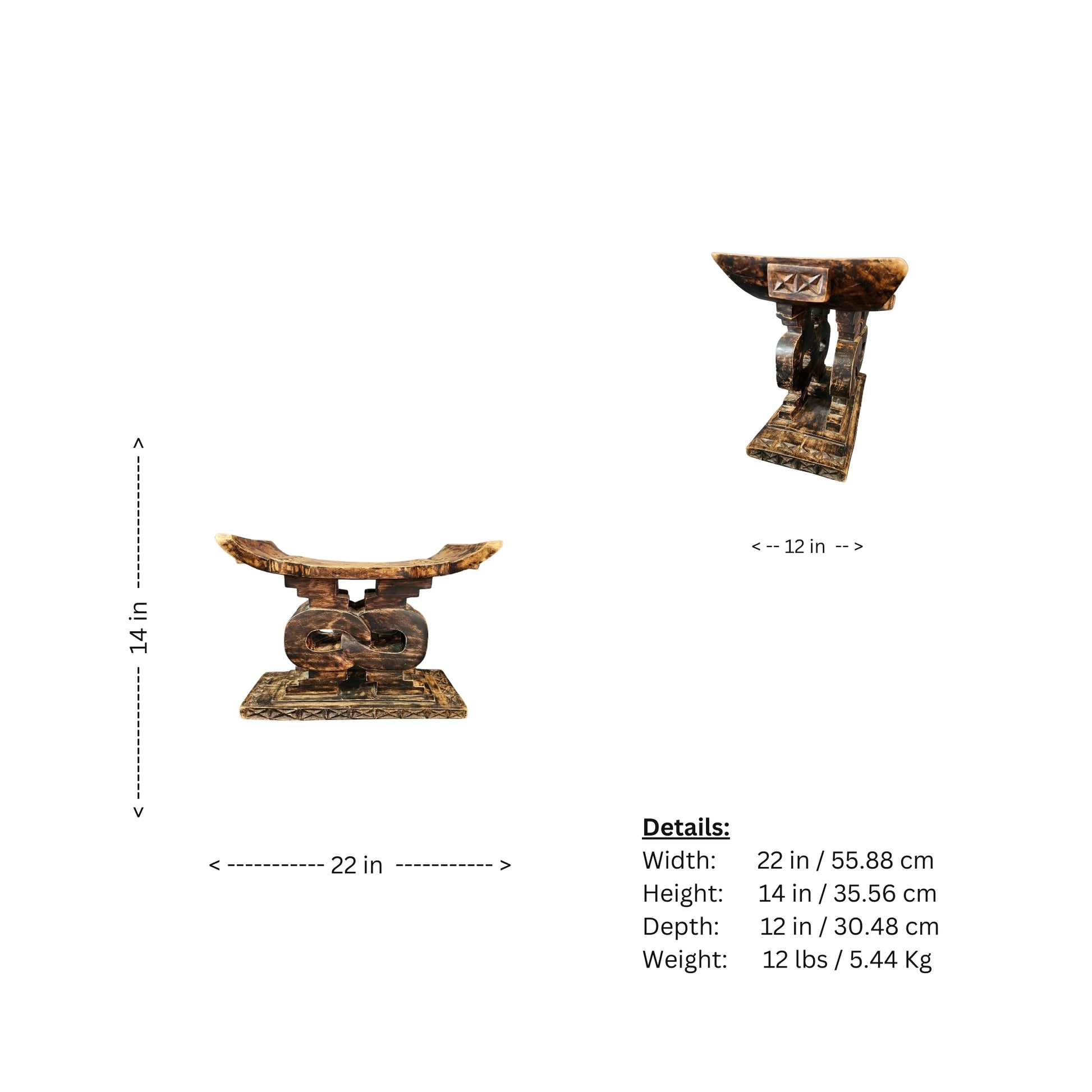 Take a trip back in time with our Vintage Carved Wood Ashanti Stool. This unique piece was crafted in Ghana during the 1950s era and showcases the rich history and culture of the African Ashanti tribe. Every groove and curve on this stool tells a story, making it a perfect addition to any home looking to embrace adventure and take a risk with their decor. Transport your space to a whole new level of boldness and style with this one-of-a-kind piece!