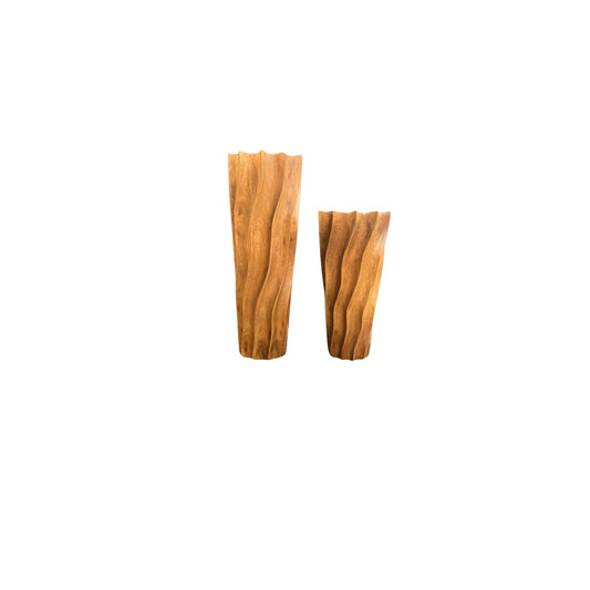 Indulge in the beauty and charm of these MCM embossed teak wood vases, accented with vertical waves for a rustic touch. Experience the sense of tranquility and warmth that these vases bring to your living space., set of 2, $45.00 each