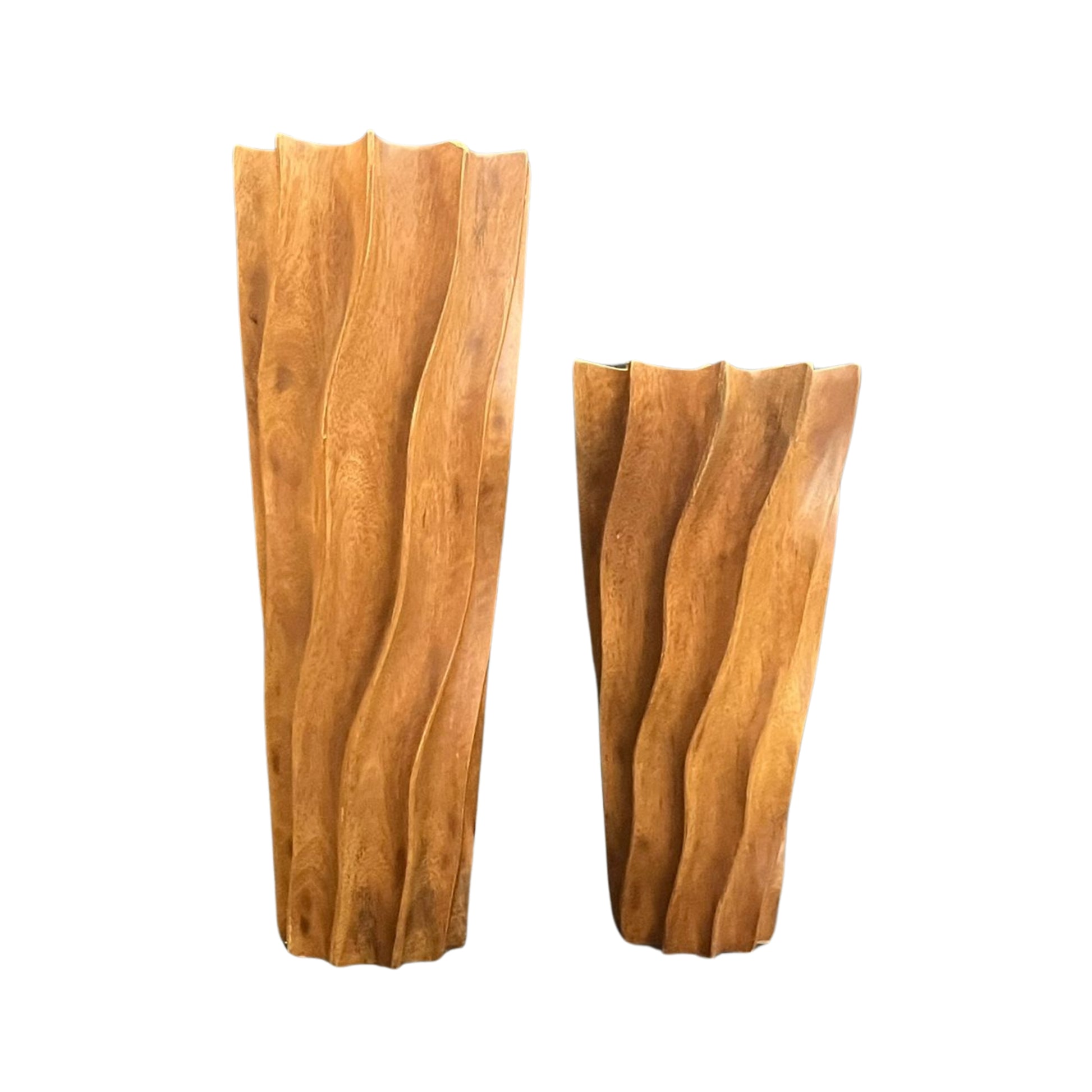 Two wooden art glasses with a wavy design on a white background