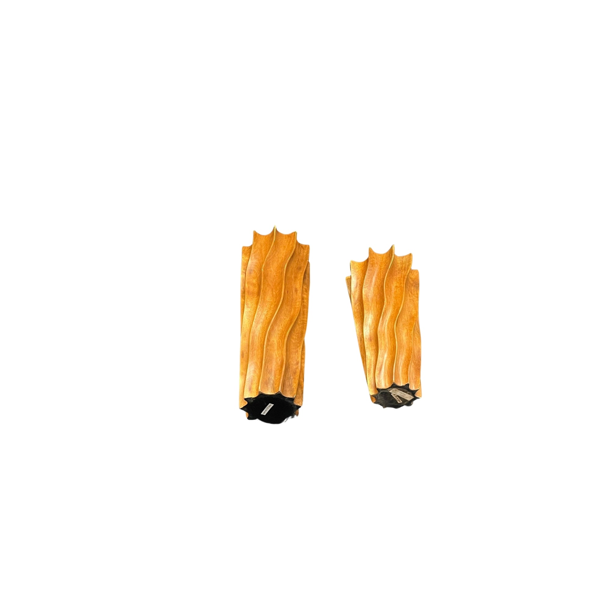 Indulge in the beauty and charm of these MCM embossed teak wood vases, accented with vertical waves for a rustic touch. Experience the sense of tranquility and warmth that these vases bring to your living space., set of 2, $45.00 each