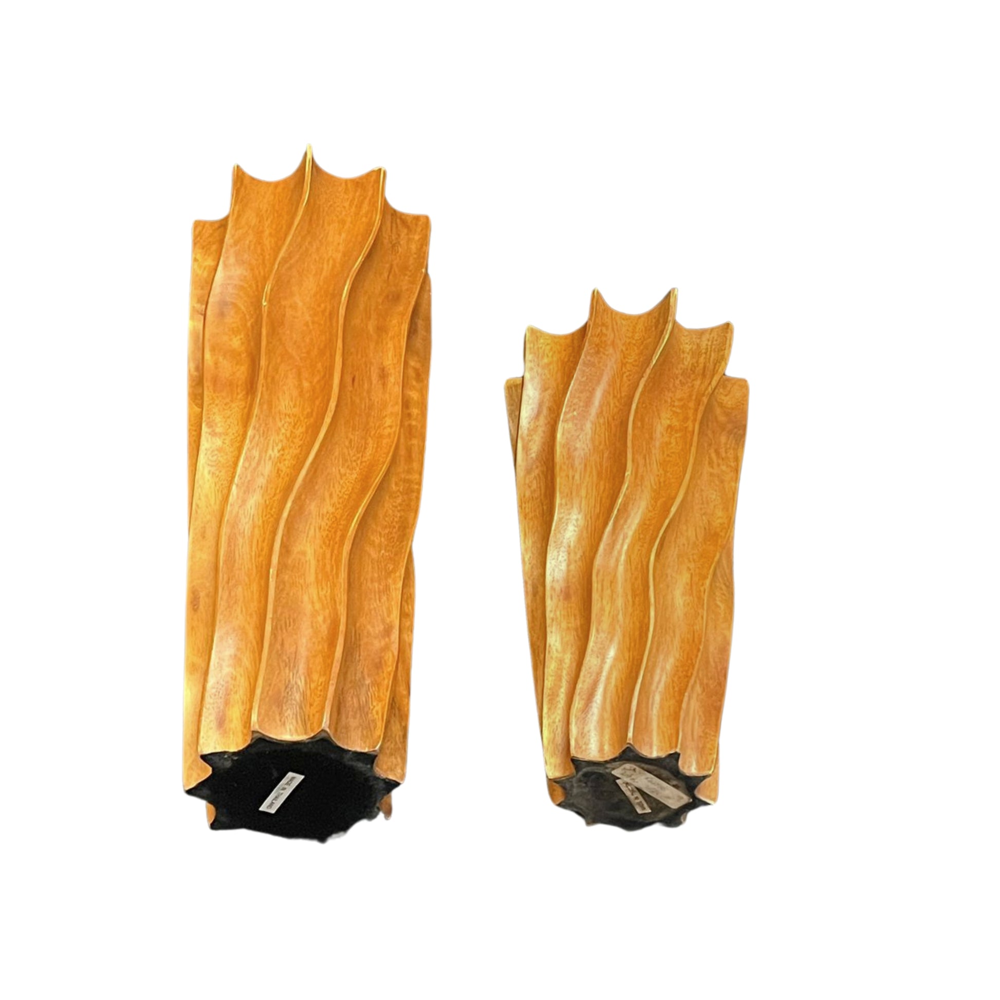 Front the bottom view of two wooden art glasses with a wavy design on a white background