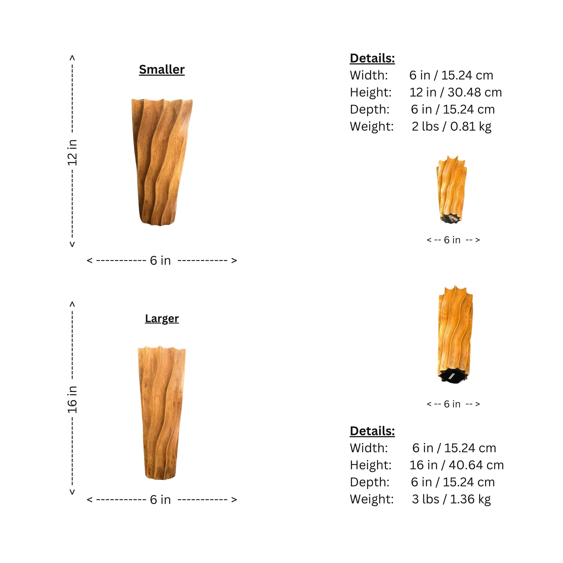 Indulge in the beauty and charm of these MCM embossed teak wood vases, accented with vertical waves for a rustic touch. Experience the sense of tranquility and warmth that these vases bring to your living space., set of 2, $45.00 each