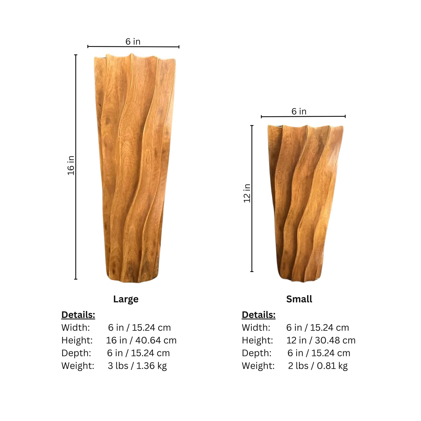 Dimensions and details of two wooden art glasses with a wavy design on a white background