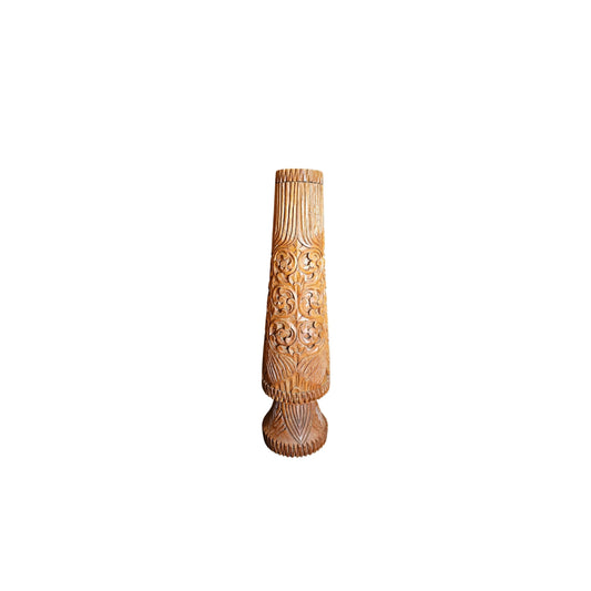 Midcentury Boho style wood tall carved vase. Vintage and with exquisite ornate craftmanship details.
