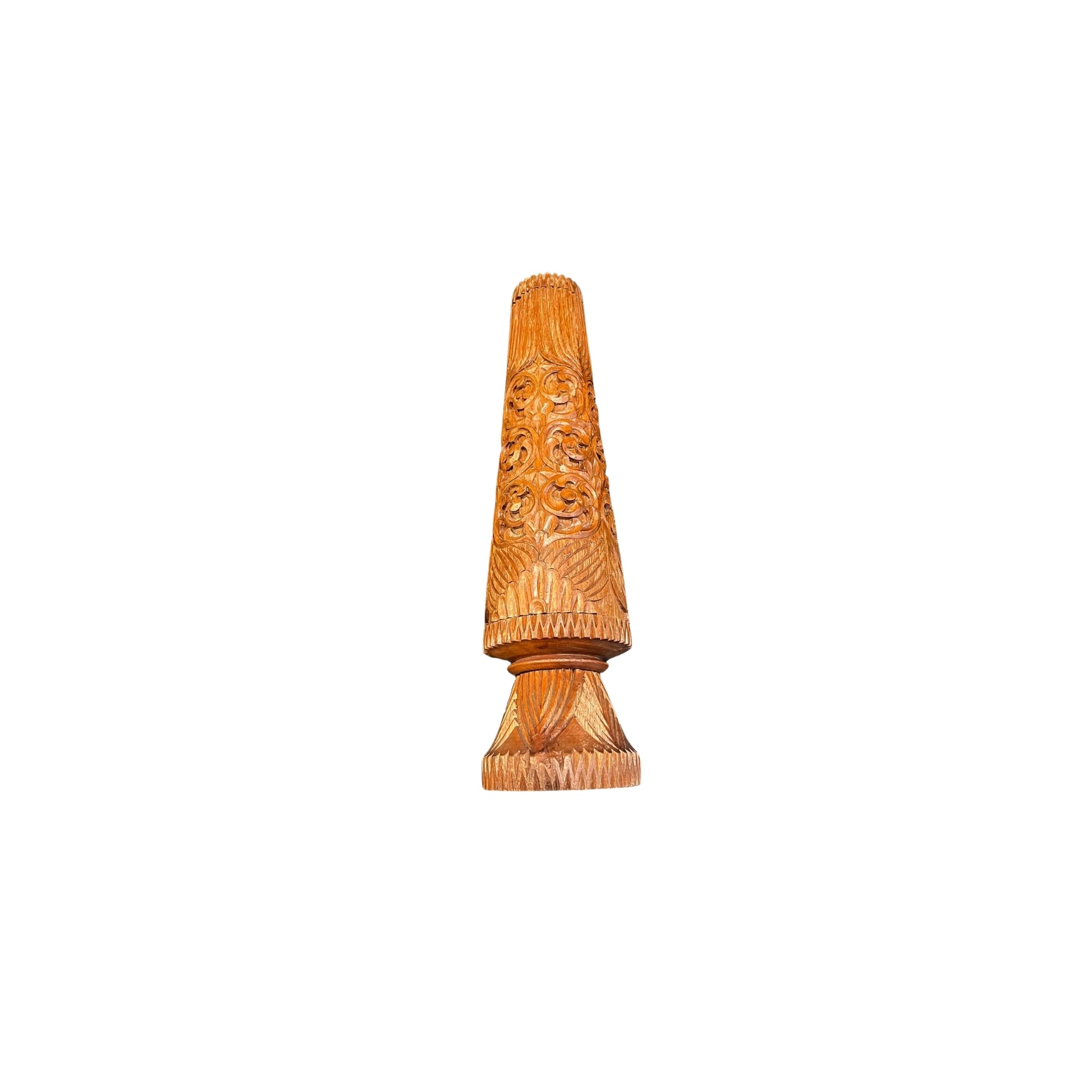 Midcentury Boho style wood tall carved vase. Vintage and with exquisite ornate craftmanship details.