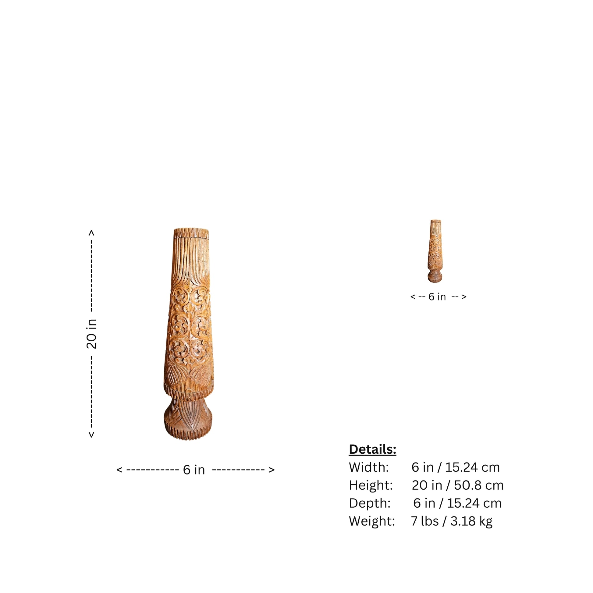 Midcentury Boho style wood tall carved vase. Vintage and with exquisite ornate craftmanship details.