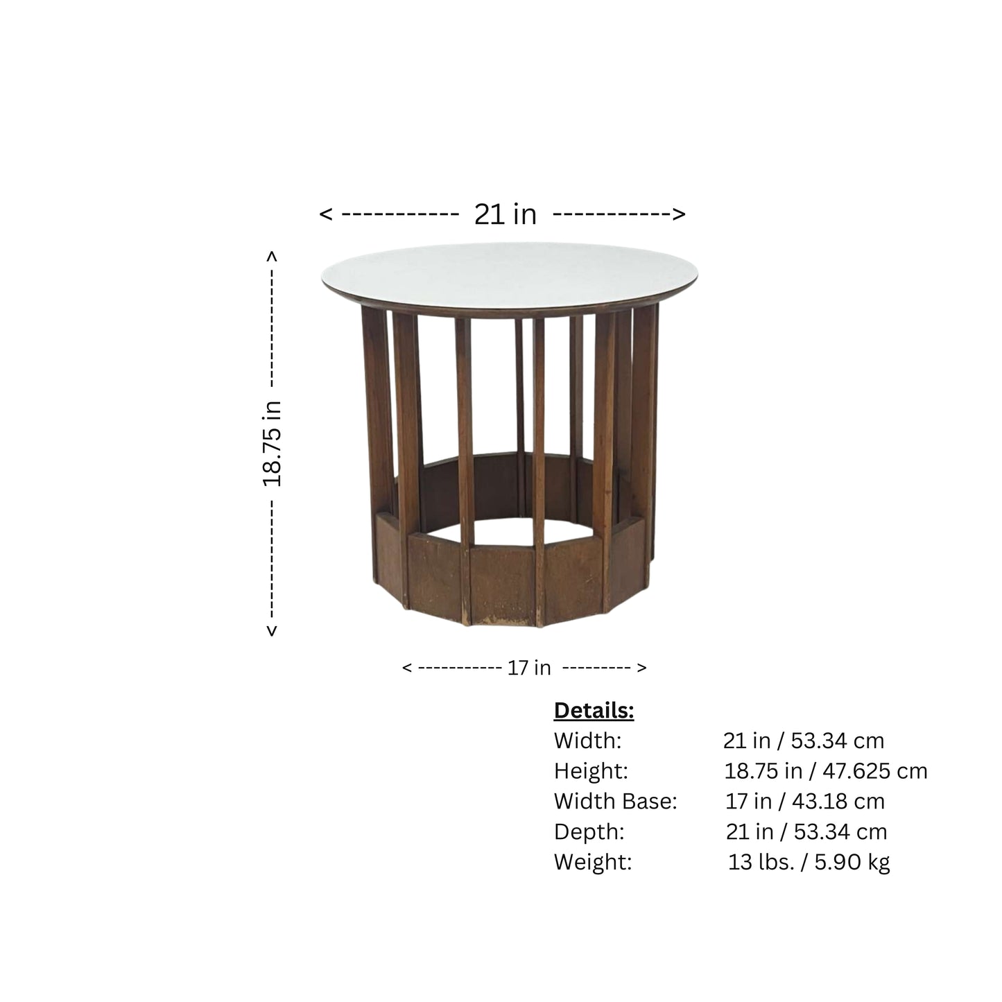 Page of rattan side table measurements with white top on white background