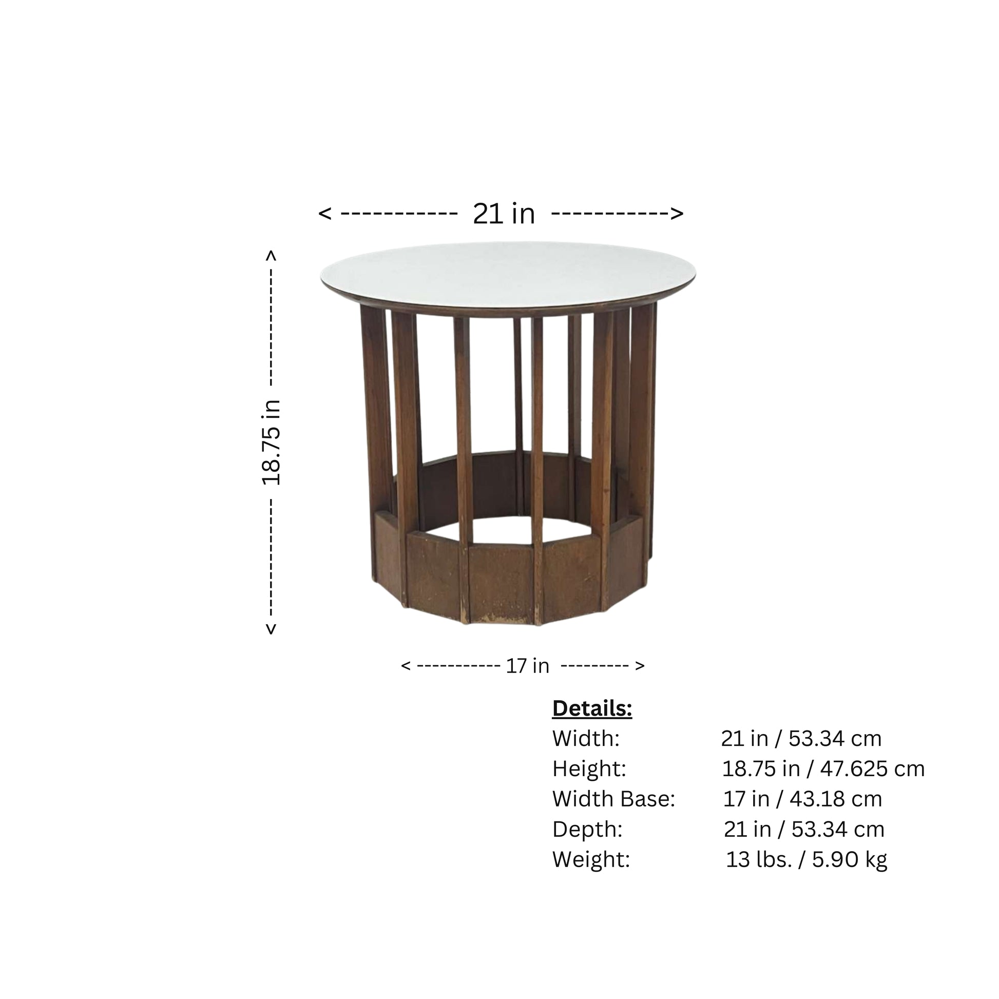 Page of rattan side table measurements with white top on white background