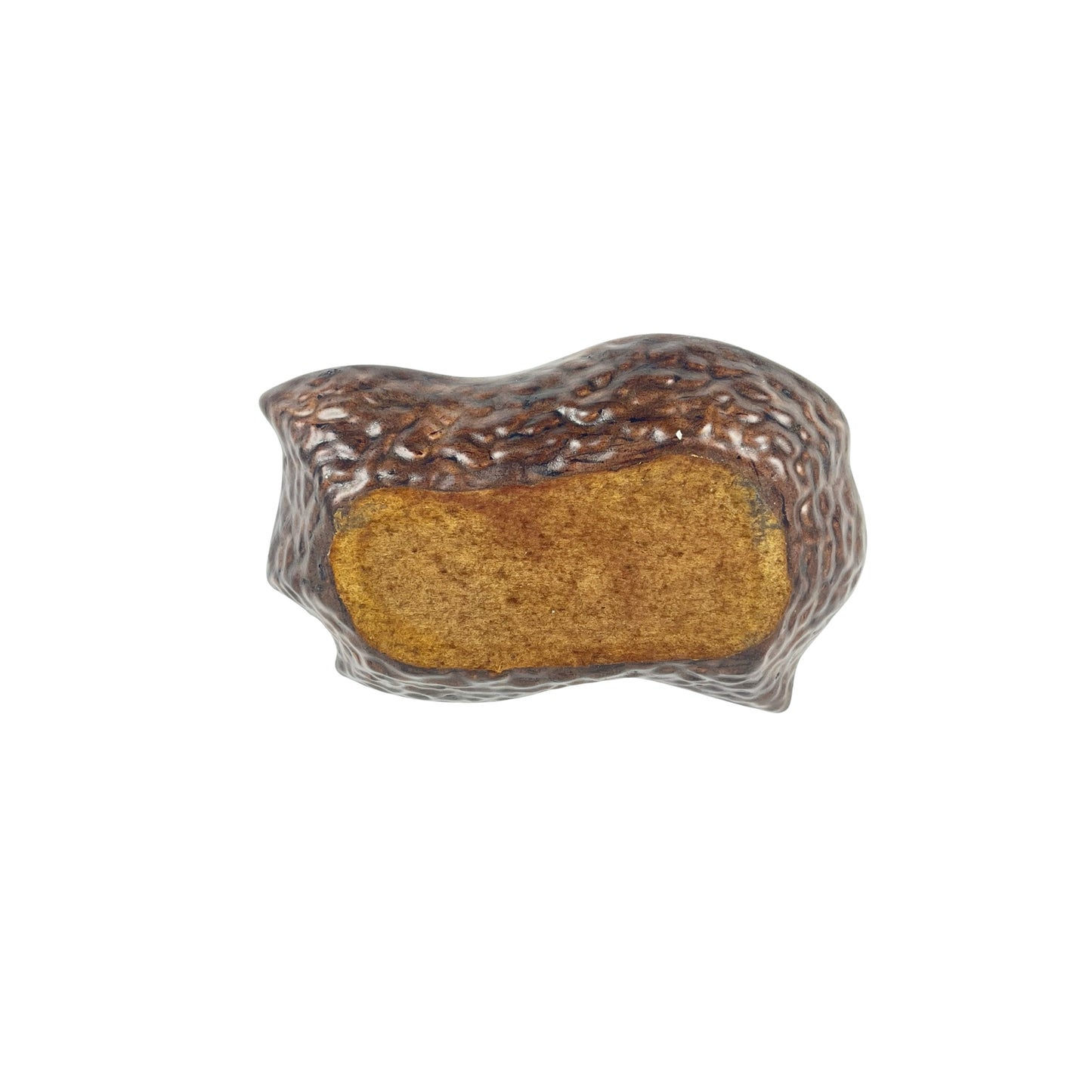 Bottom view of a vintage decorative ceramic ashtray with artistic design, with shades of orange, yellow, and brown on a white background