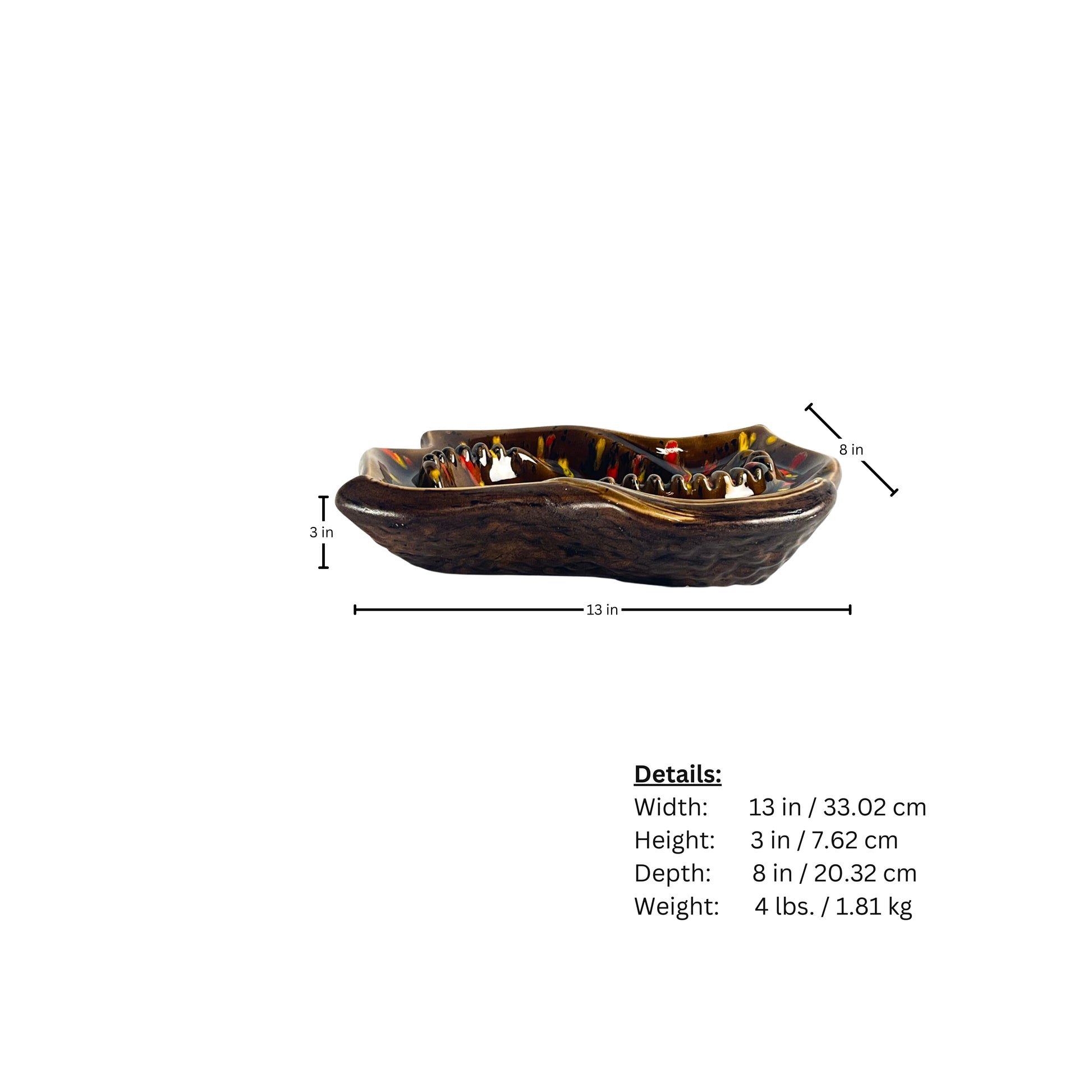 Page of measurements decorative ceramic ashtray with vintage design, with shades of orange, yellow, and brown on a white background