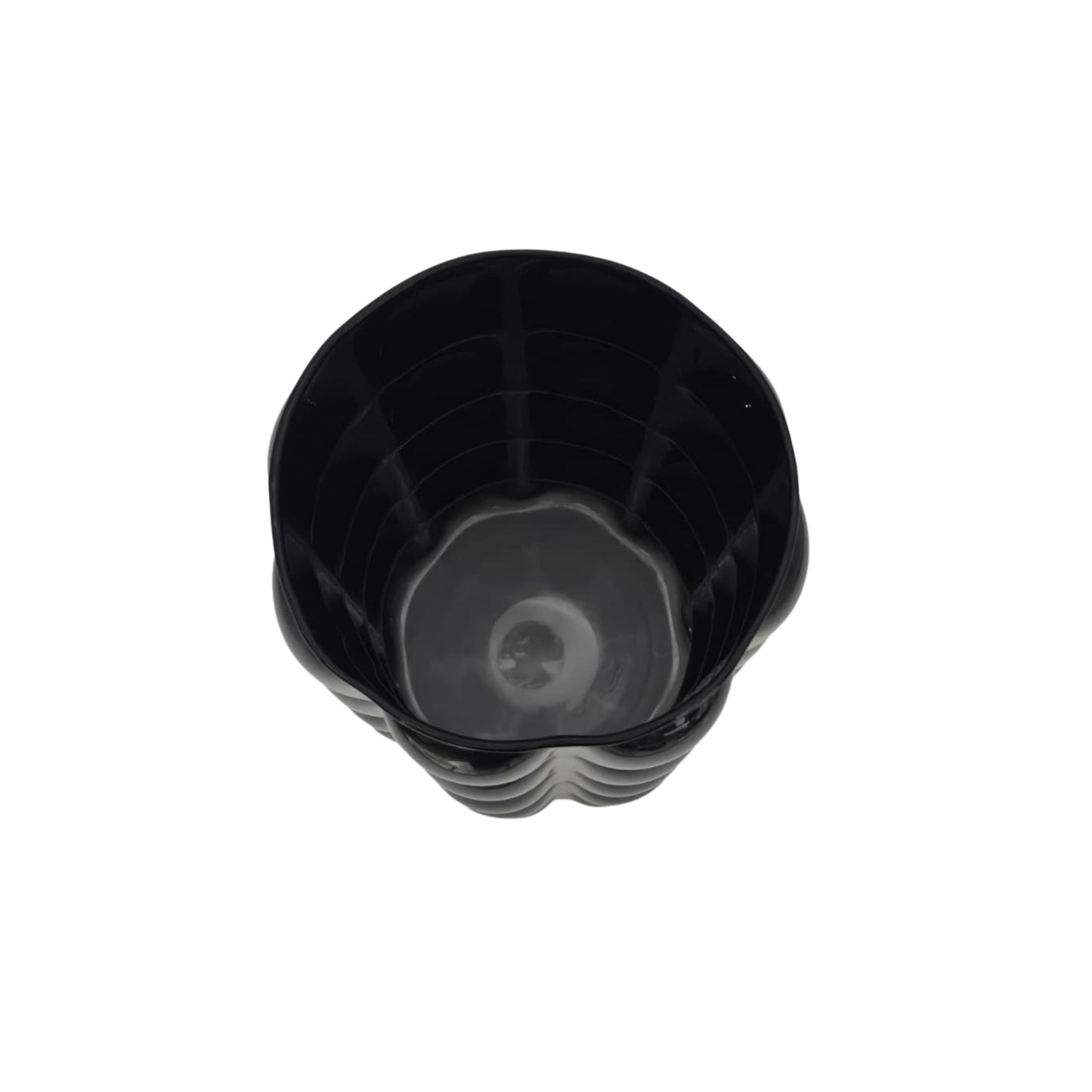 Top view of a black textured decorative cylindrical vase on a white background