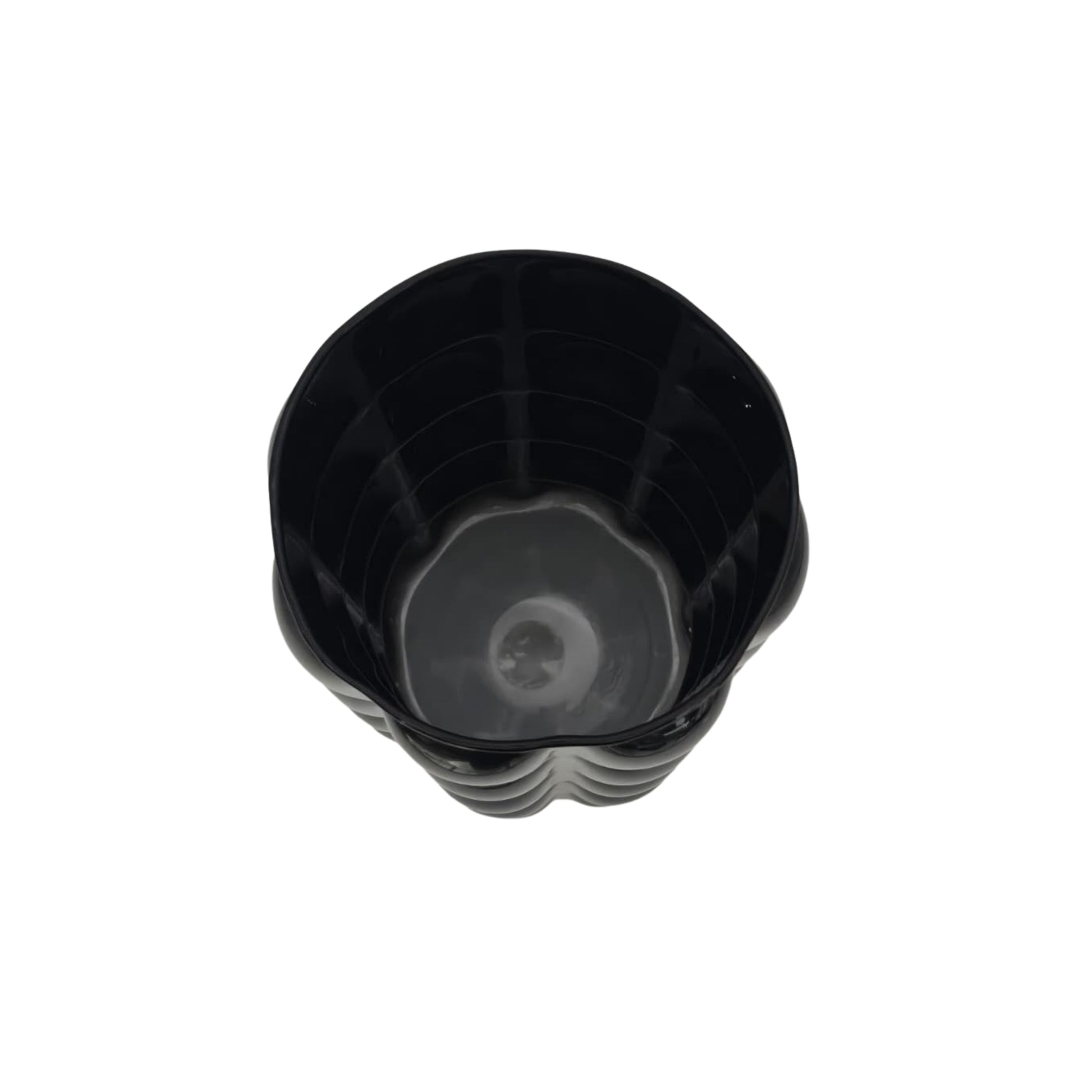 Top view of a black textured decorative cylindrical vase on a white background
