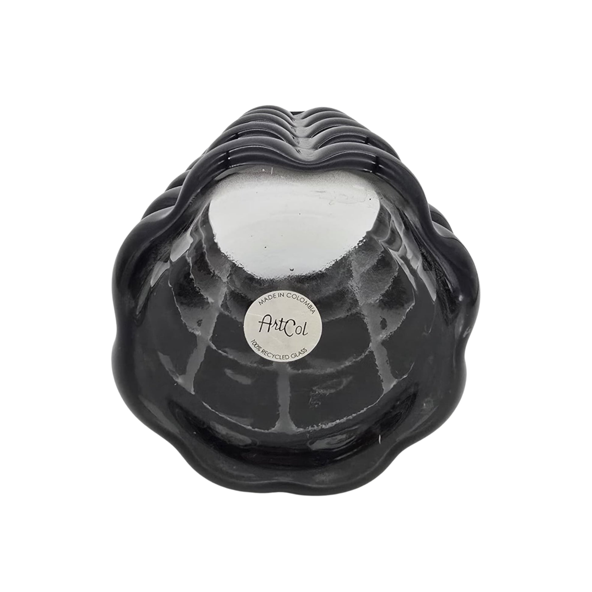 Bottom view of a black textured decorative cylindrical vase on a white background