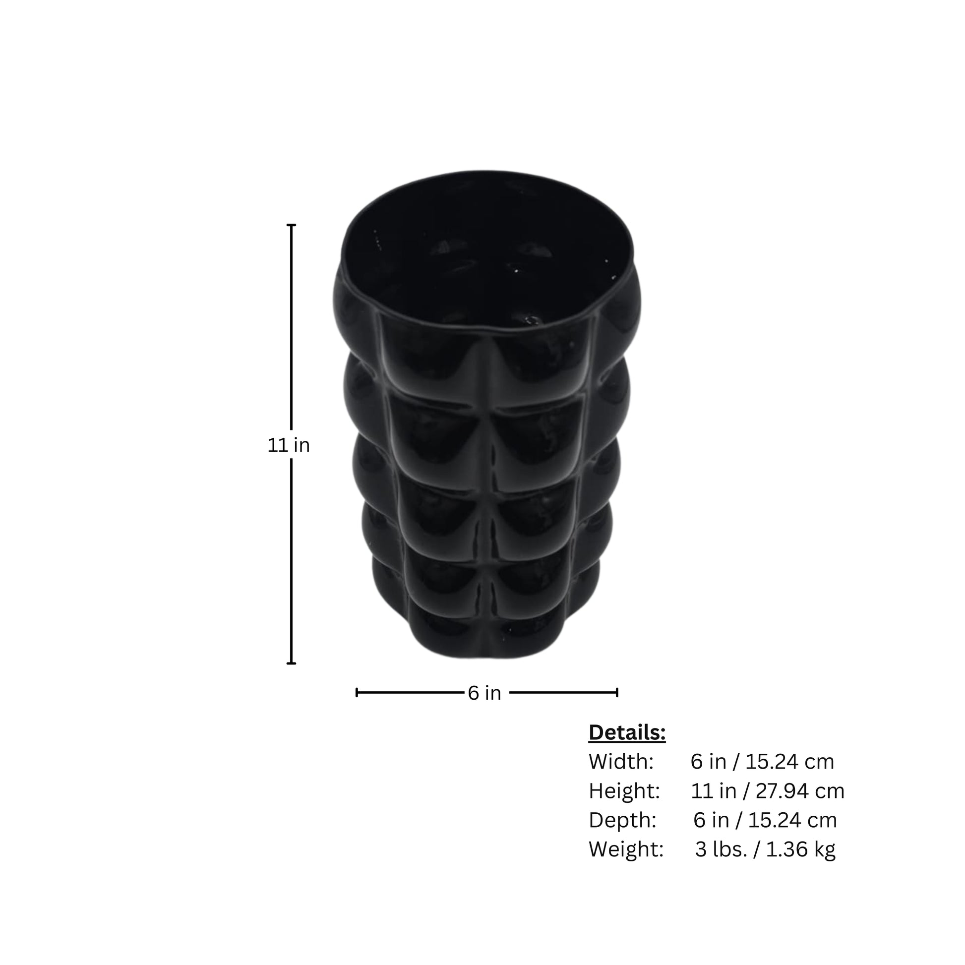 Page of measurements of a textured black decorative cylindrical vase on a white background