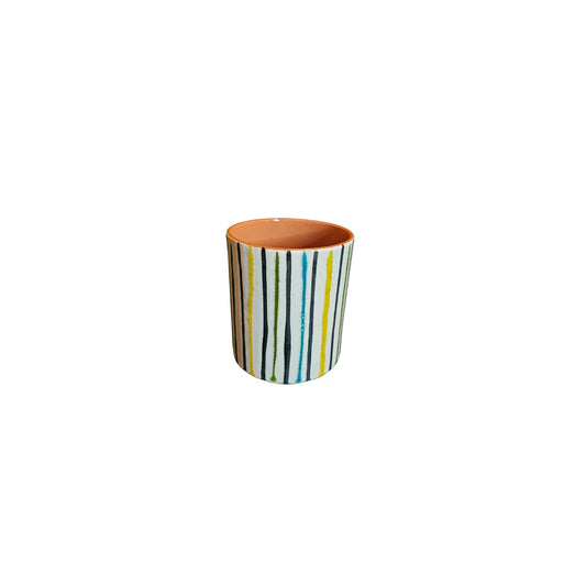 This elegant Pottery Vase, crafted in Portugal, features vibrant vertical stripes and a glossy glaze finish, evoking the sophistication of Mid-Century Modern design.