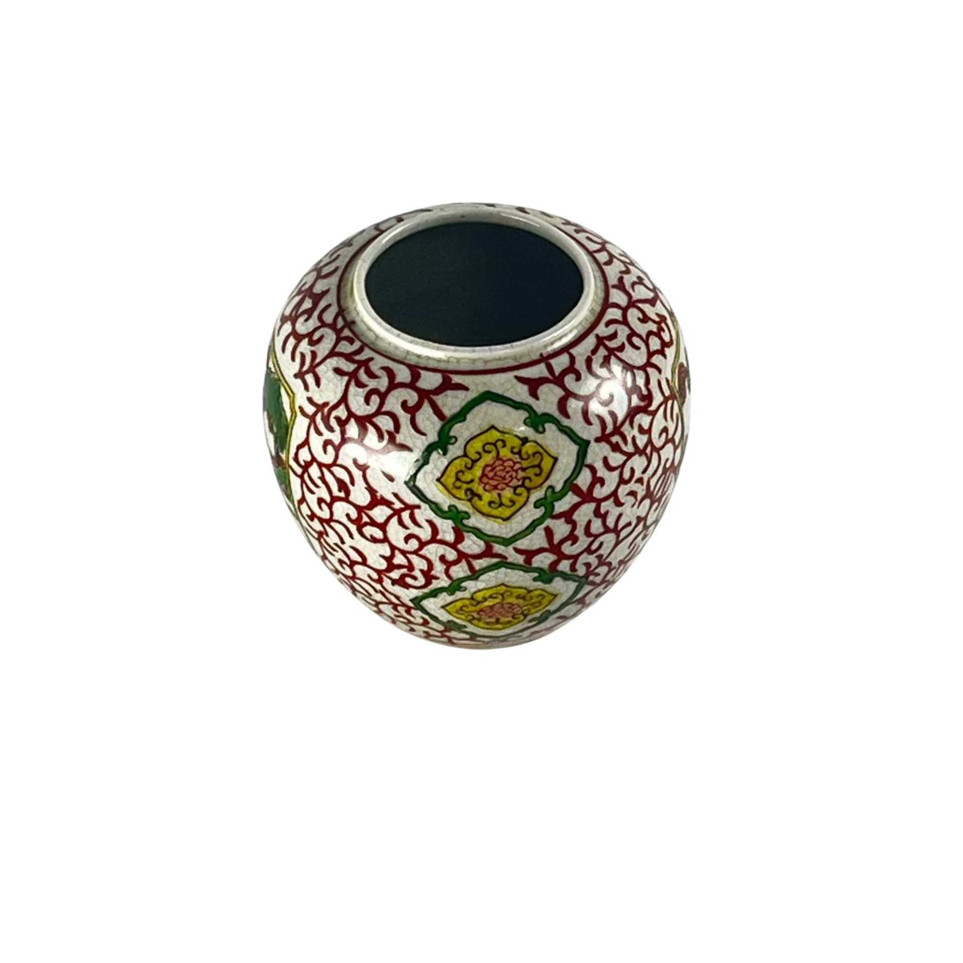 Side view of a decorative Japanese ceramic jar with intricate red patterns and a central scene, inspired by the 17th and 18th centuries, on a white background