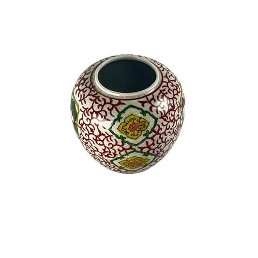 Side view of a decorative Japanese ceramic jar with intricate red patterns and a central scene, inspired by the 17th and 18th centuries, on a white background