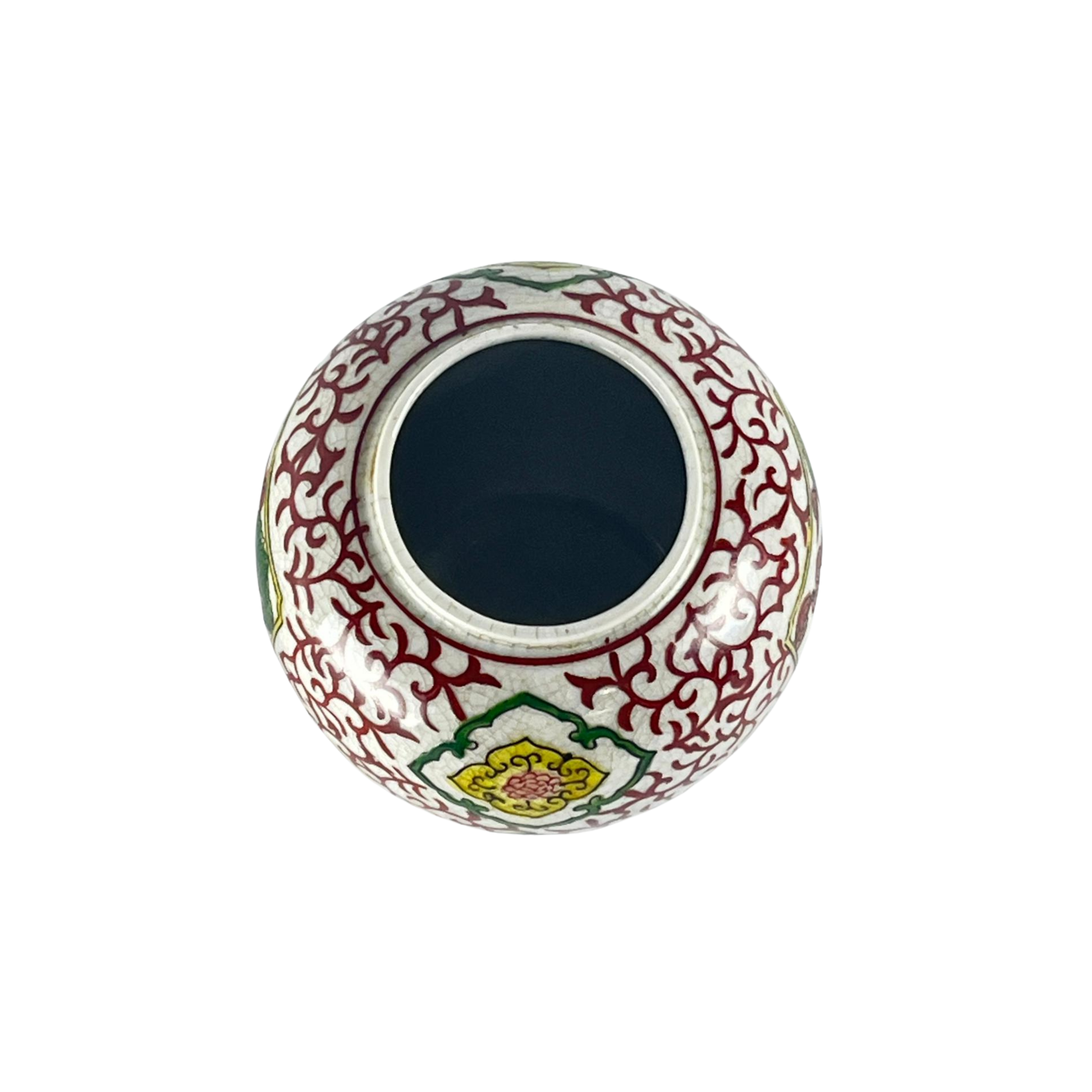 Top view of a decorative Japanese ceramic jar with intricate red patterns and a central scene, inspired by the 17th and 18th centuries, on a white background