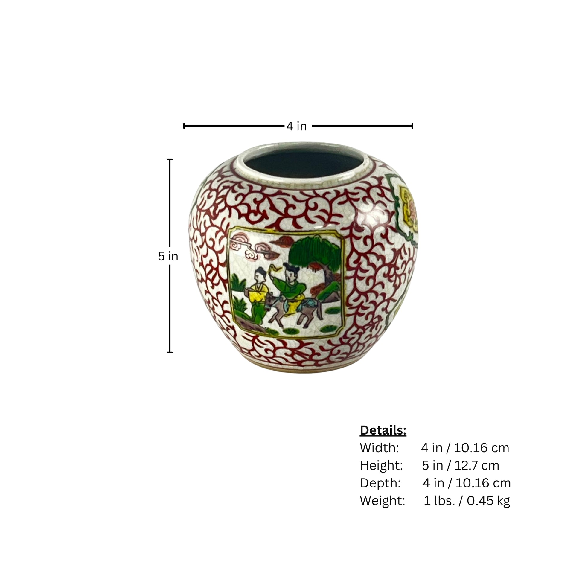 Page of measurements of a decorative Japanese ceramic jar with intricate red patterns and a central scene, it is inspired by the 17th and 18th centuries, on a white background