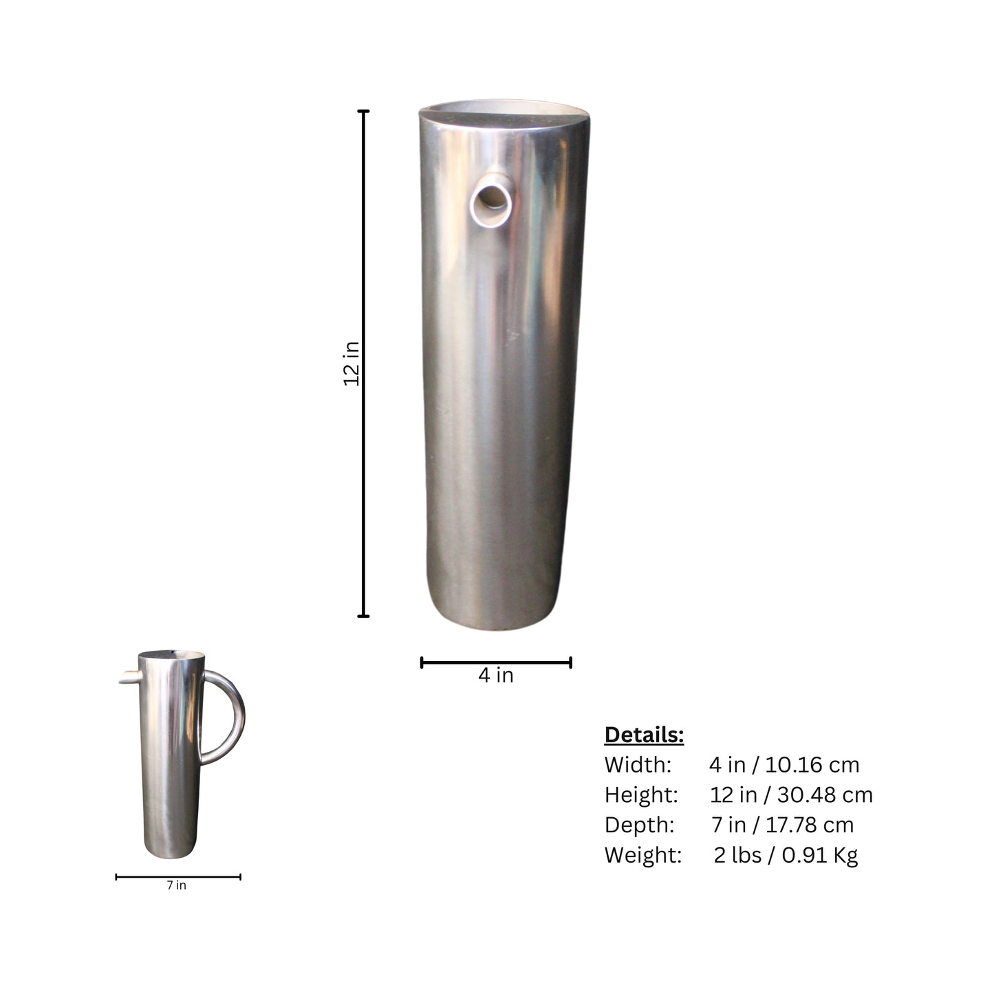 Page of measurements of the stainless steel pitcher on a white background