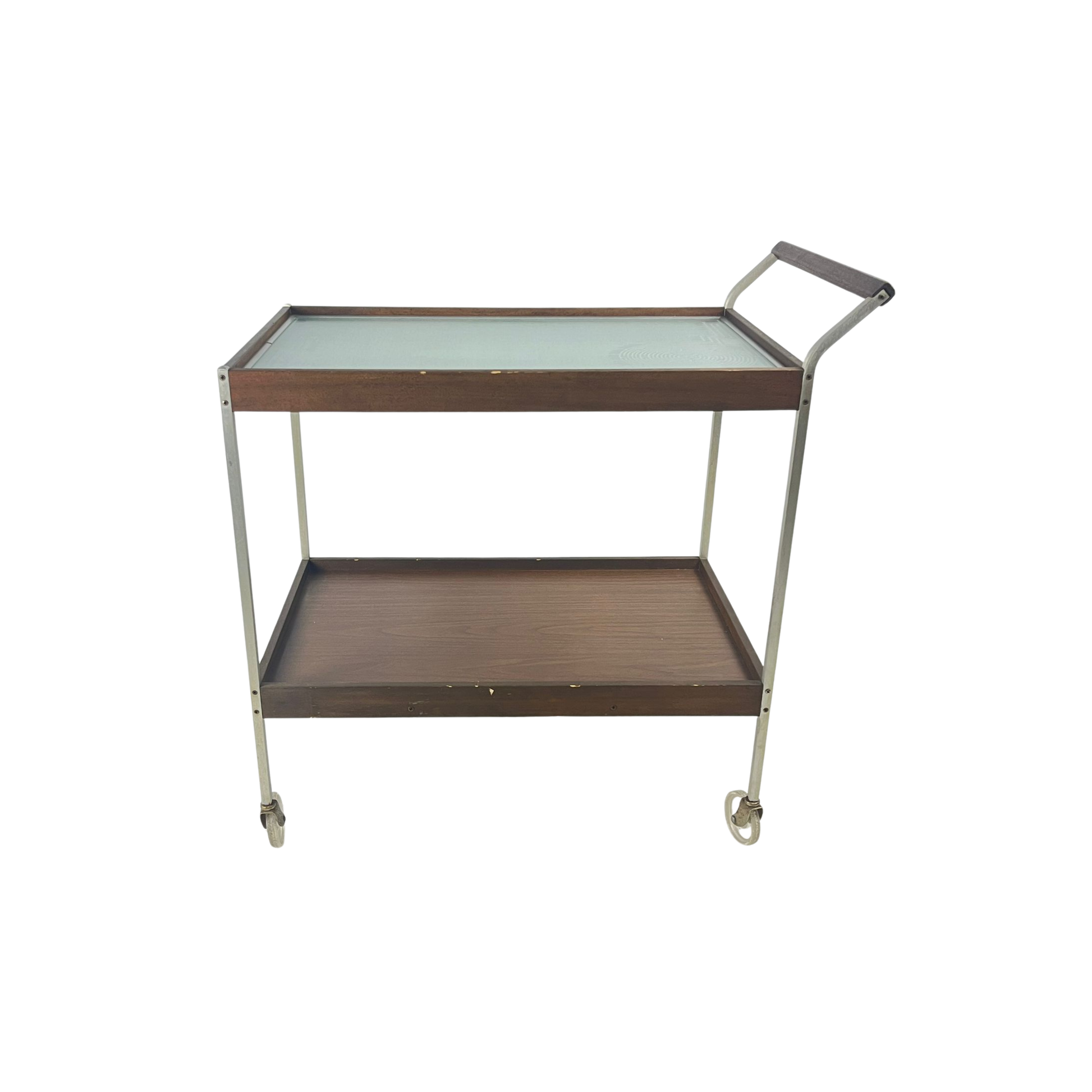 Front view of heated cart with hot glass and wood tray, mid-century modern style SALTON from the 1960s on a white background