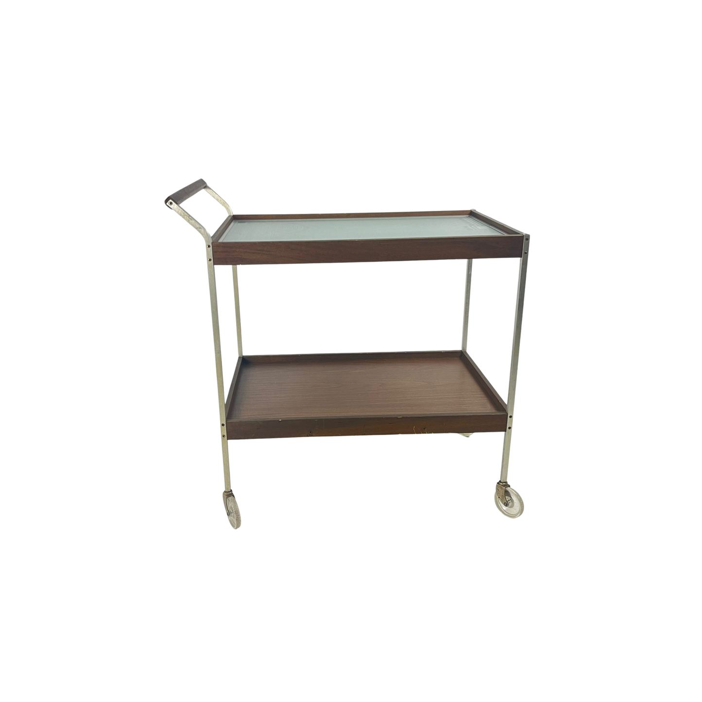 Front view of heated cart with hot glass and wood tray, mid-century modern style SALTON from the 1960s on a white background