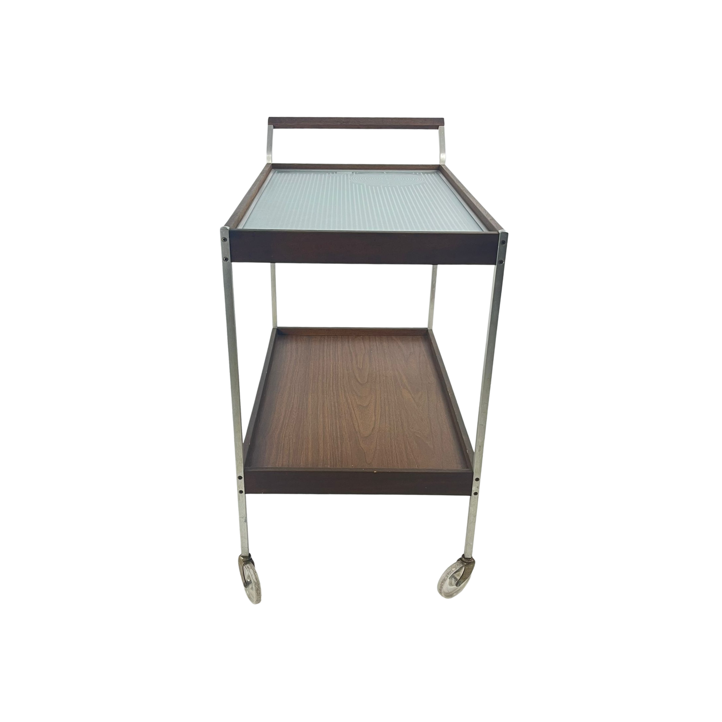 Side view of heated cart with hot glass and wood tray, mid-century modern style SALTON from the 1960s on a white background