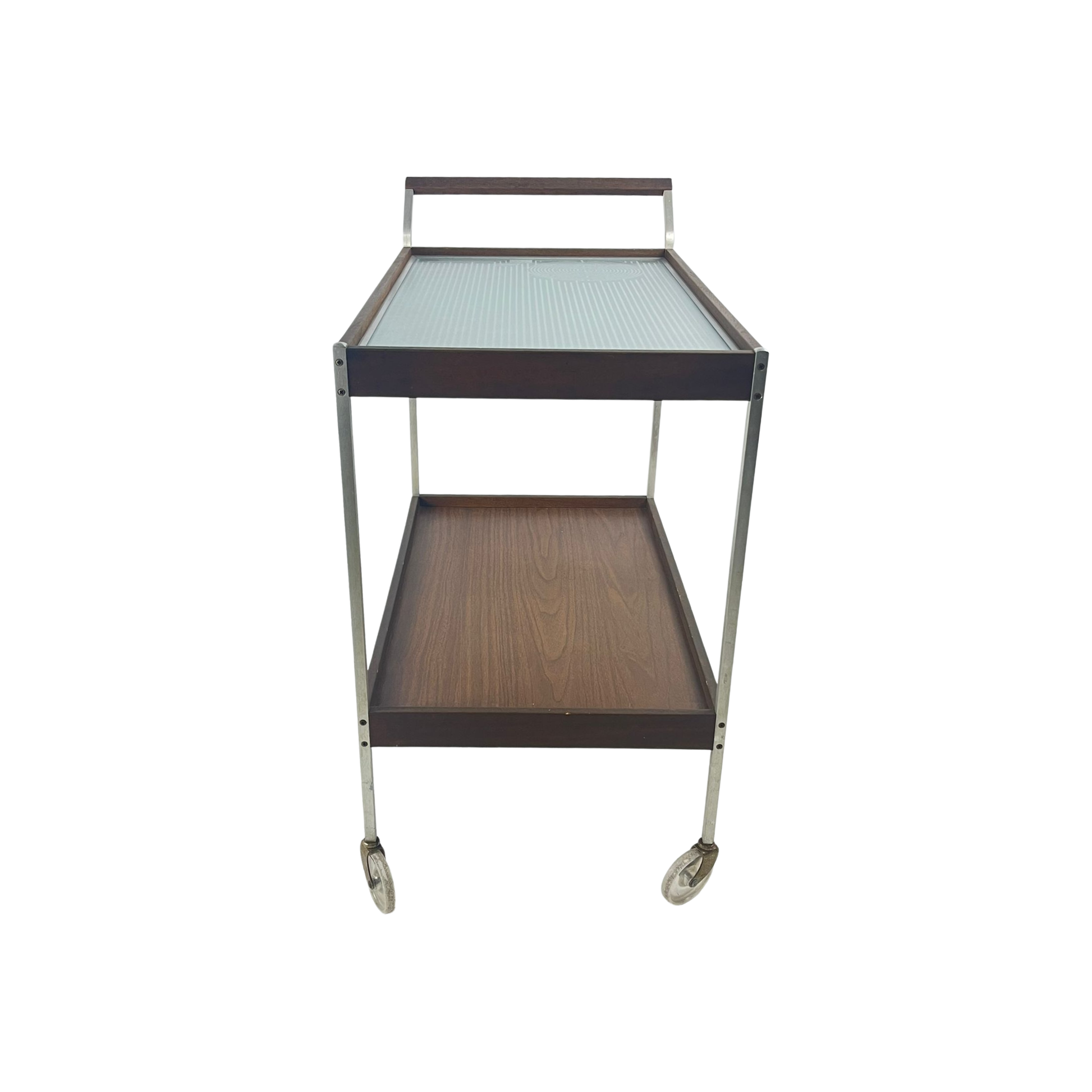 Side view of heated cart with hot glass and wood tray, mid-century modern style SALTON from the 1960s on a white background