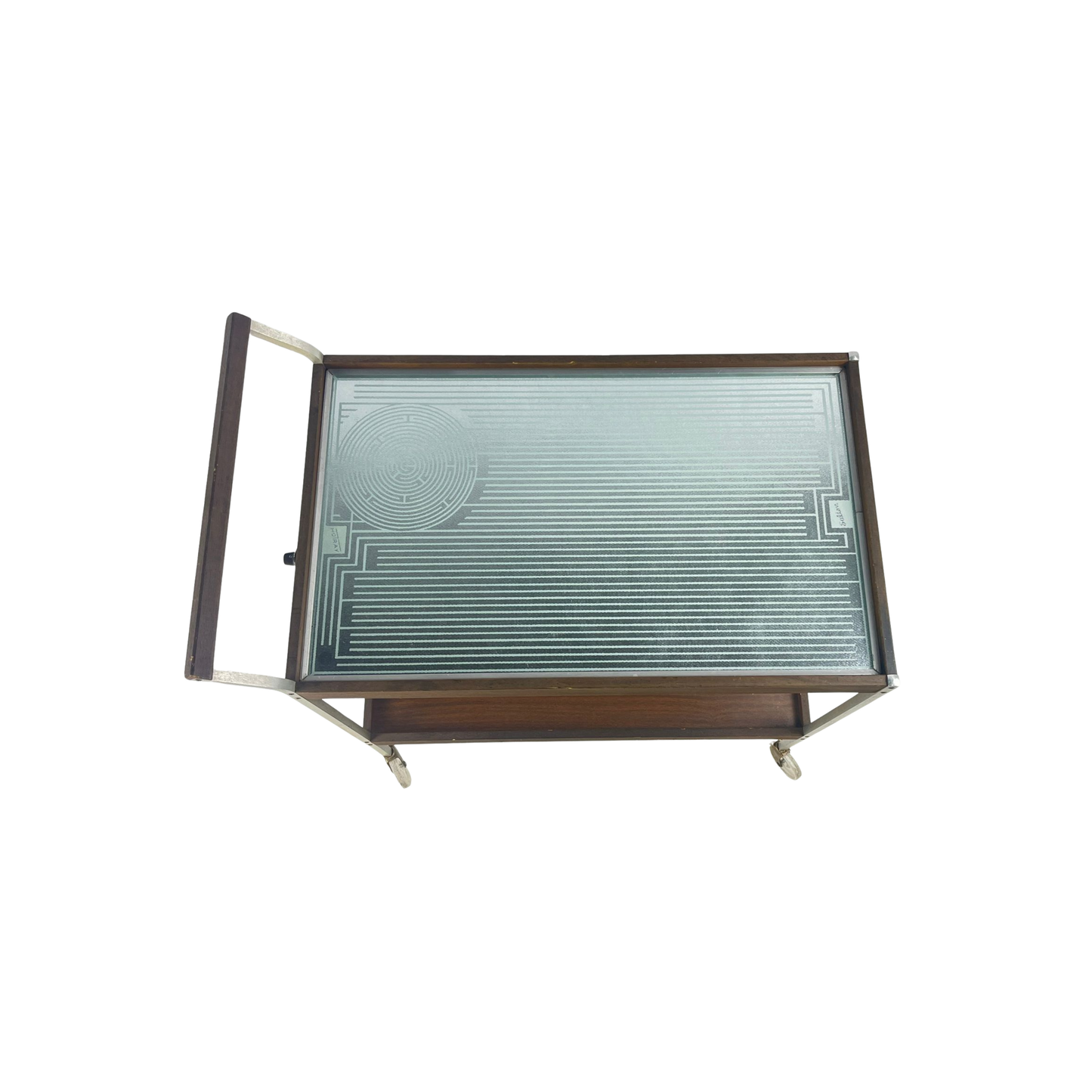 Top view of heated cart with hot glass and wood tray, mid-century modern style SALTON from the 1960s on a white background