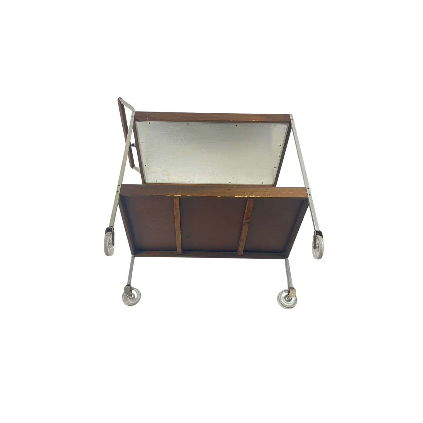 Bottom view of heated cart with hot glass and wood tray, mid-century modern style SALTON from the 1960s on a white background