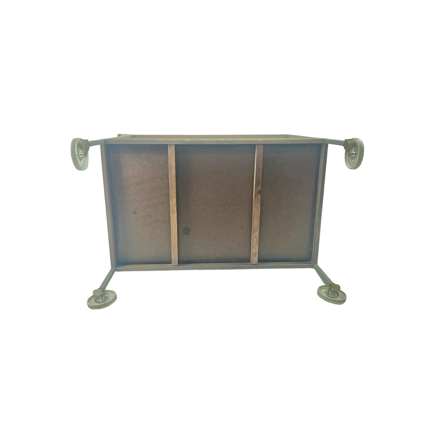 Bottom view of heated cart with hot glass and wood tray, mid-century modern style SALTON from the 1960s on a white background