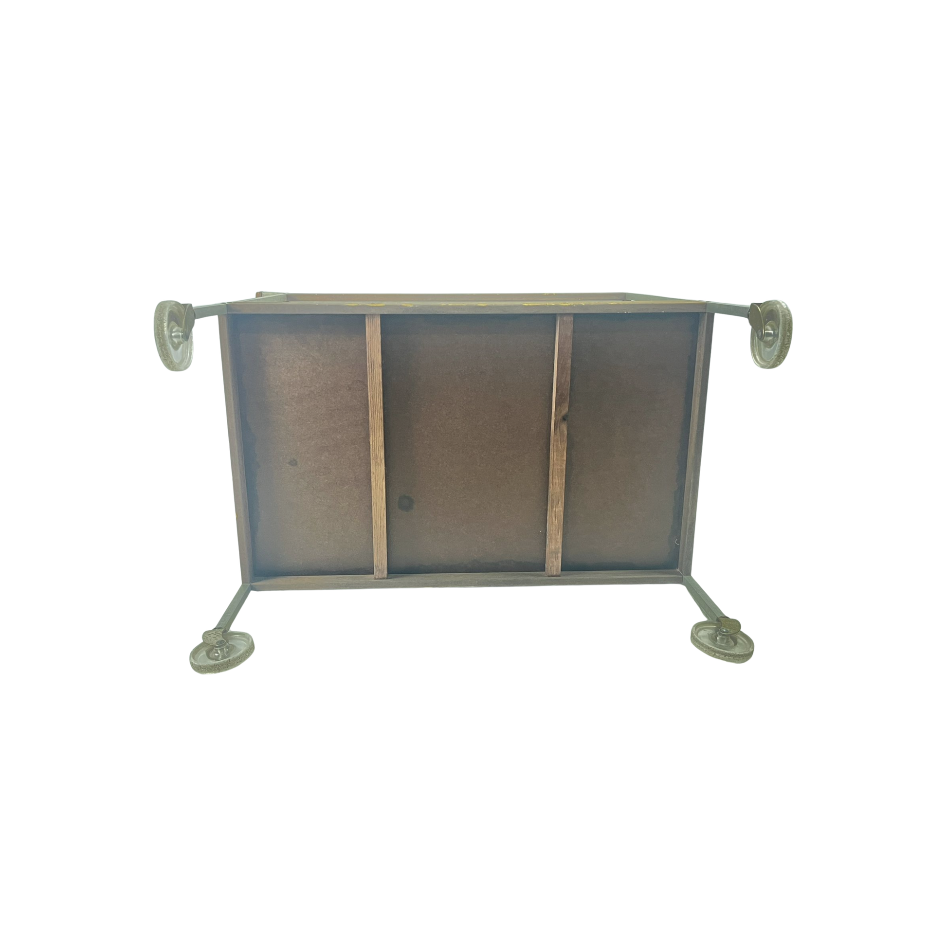 Bottom view of heated cart with hot glass and wood tray, mid-century modern style SALTON from the 1960s on a white background