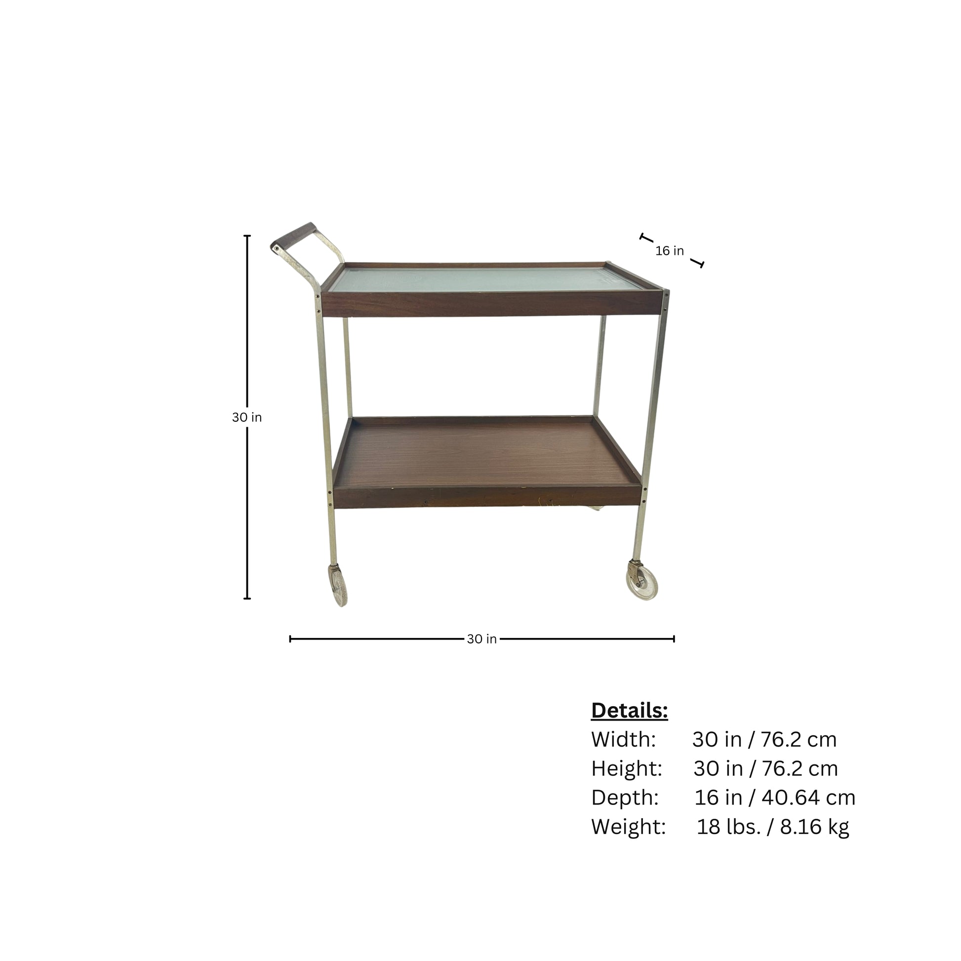 Page of measurements of heated cart with hot tray of glass and wood mid-century modern style SALTON from the 1960s on white background