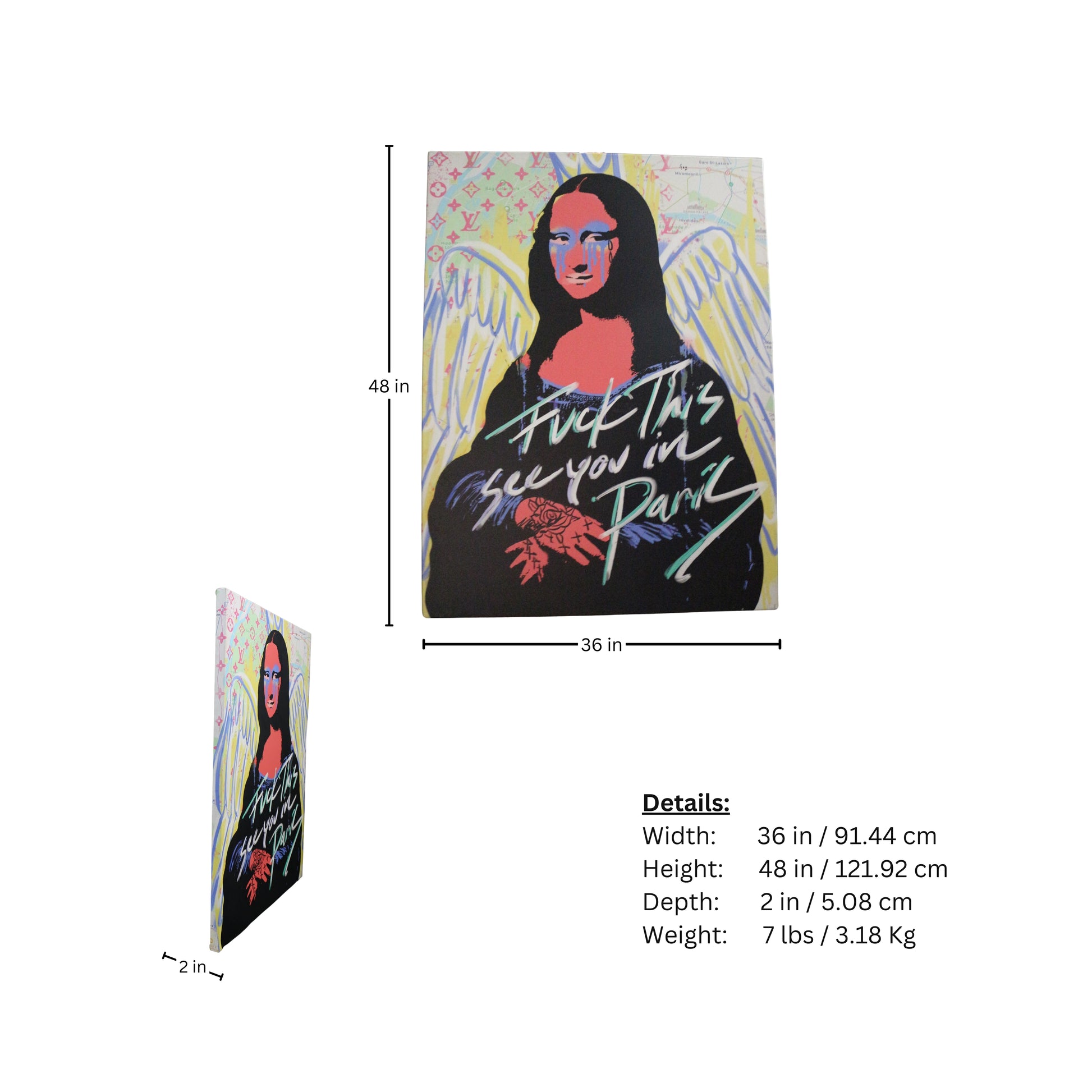 The measurement page of the canvas 'Fuck This' by Urban Monalisa is a peculiar piece, mass-produced, that is rare and hard to get in an urban style.